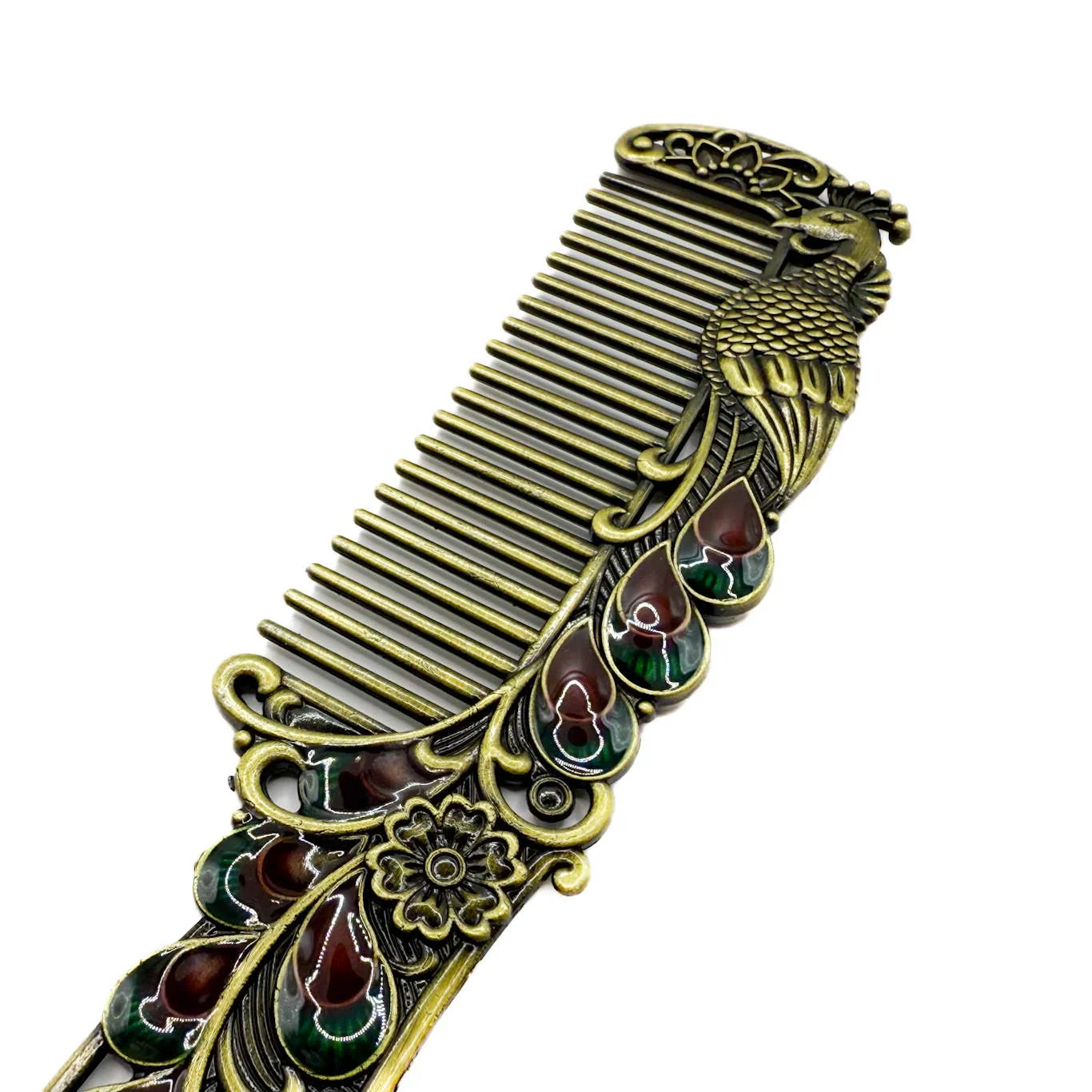 Peacock Mirror and Comb Set | Metal Vanity Gift Set in Silver Bronze or Gold | Red Gift Box - Image 5