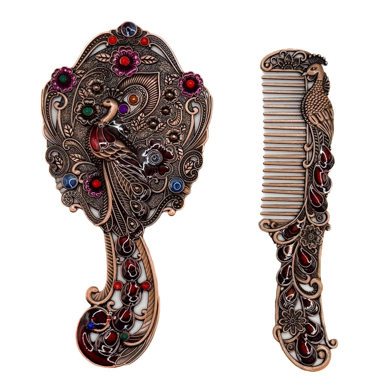 Peacock Mirror and Comb Set | Metal Vanity Gift Set in Silver Bronze or Gold | Red Gift Box - Image 8