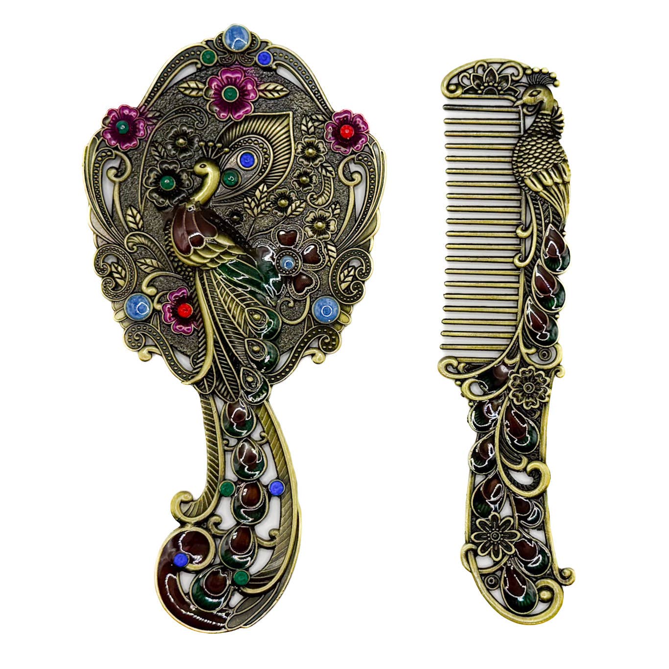 Peacock Mirror and Comb Set | Metal Vanity Gift Set in Silver Bronze or Gold | Red Gift Box - Image 9