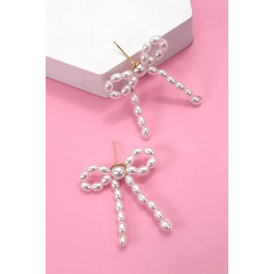 Pearl Beads Coquettecore Bow Ribbon Earrings - Image 2
