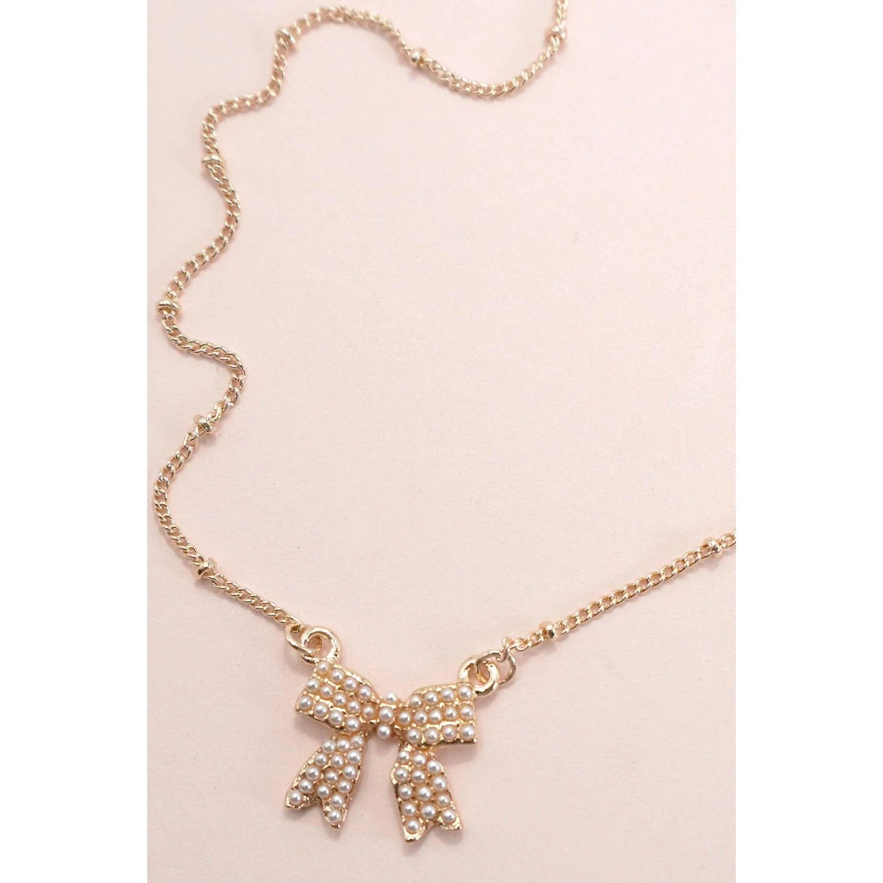 Pearl Coquette Bow Charm Ball Chain Necklace in Gold Plating | 16" Long - Image 2
