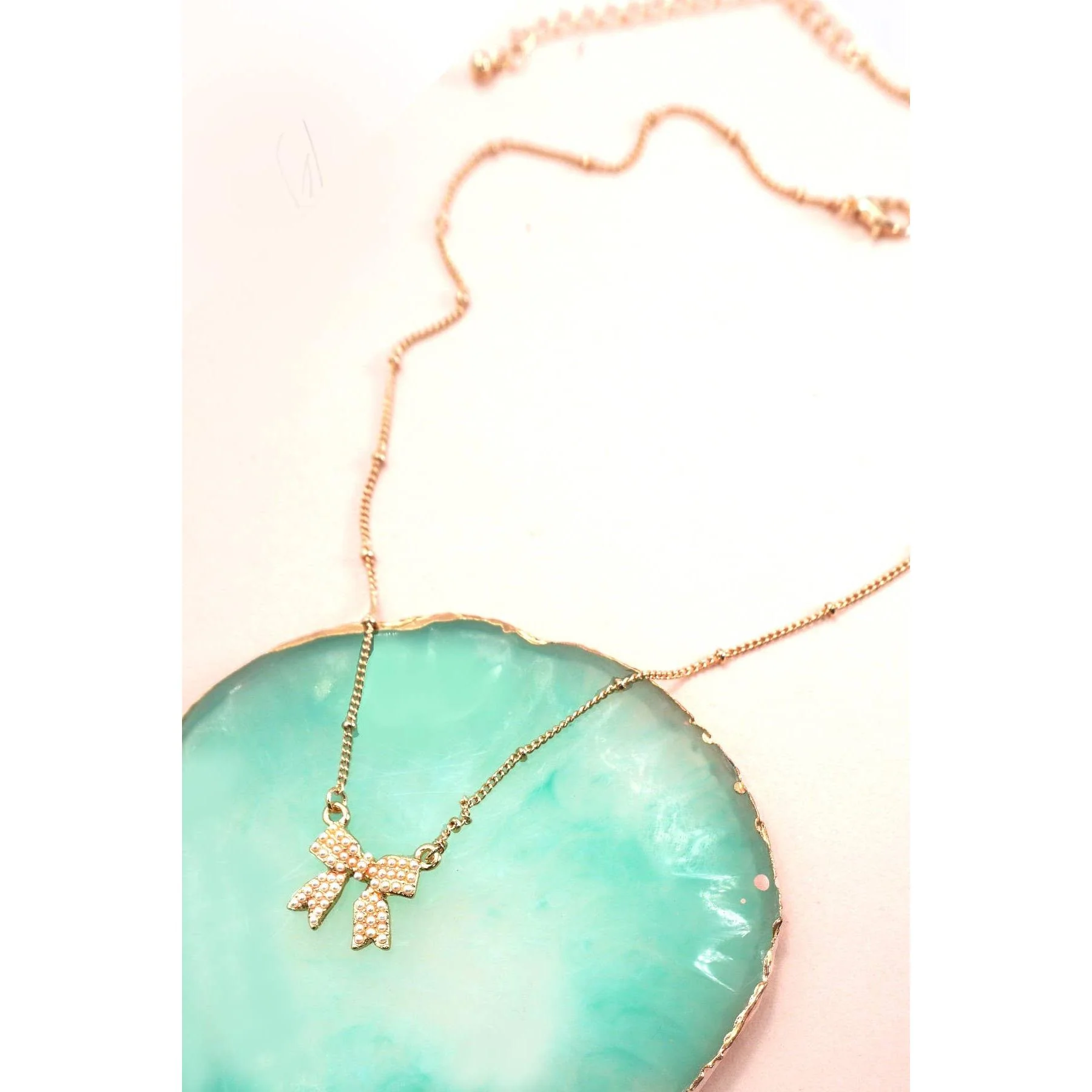 Pearl Coquette Bow Charm Ball Chain Necklace in Gold Plating | 16" Long - Image 3