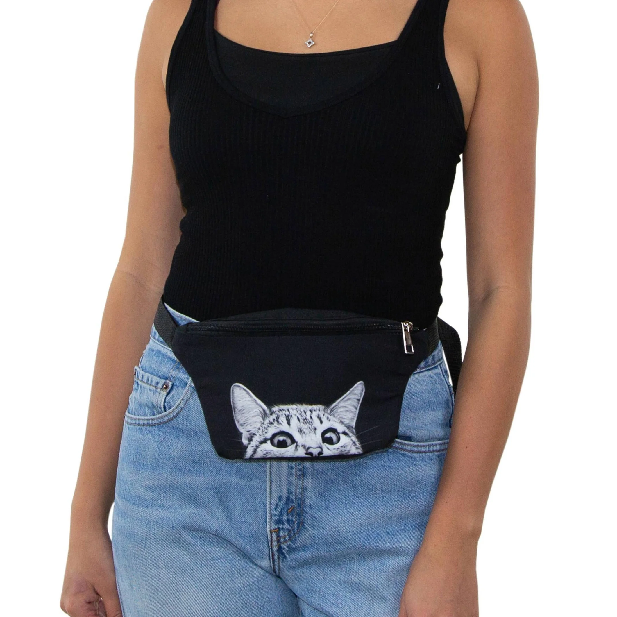 Peeking Cat Fanny Pack in Black | Animal Print Belt Waist Bum Bag - Image 2