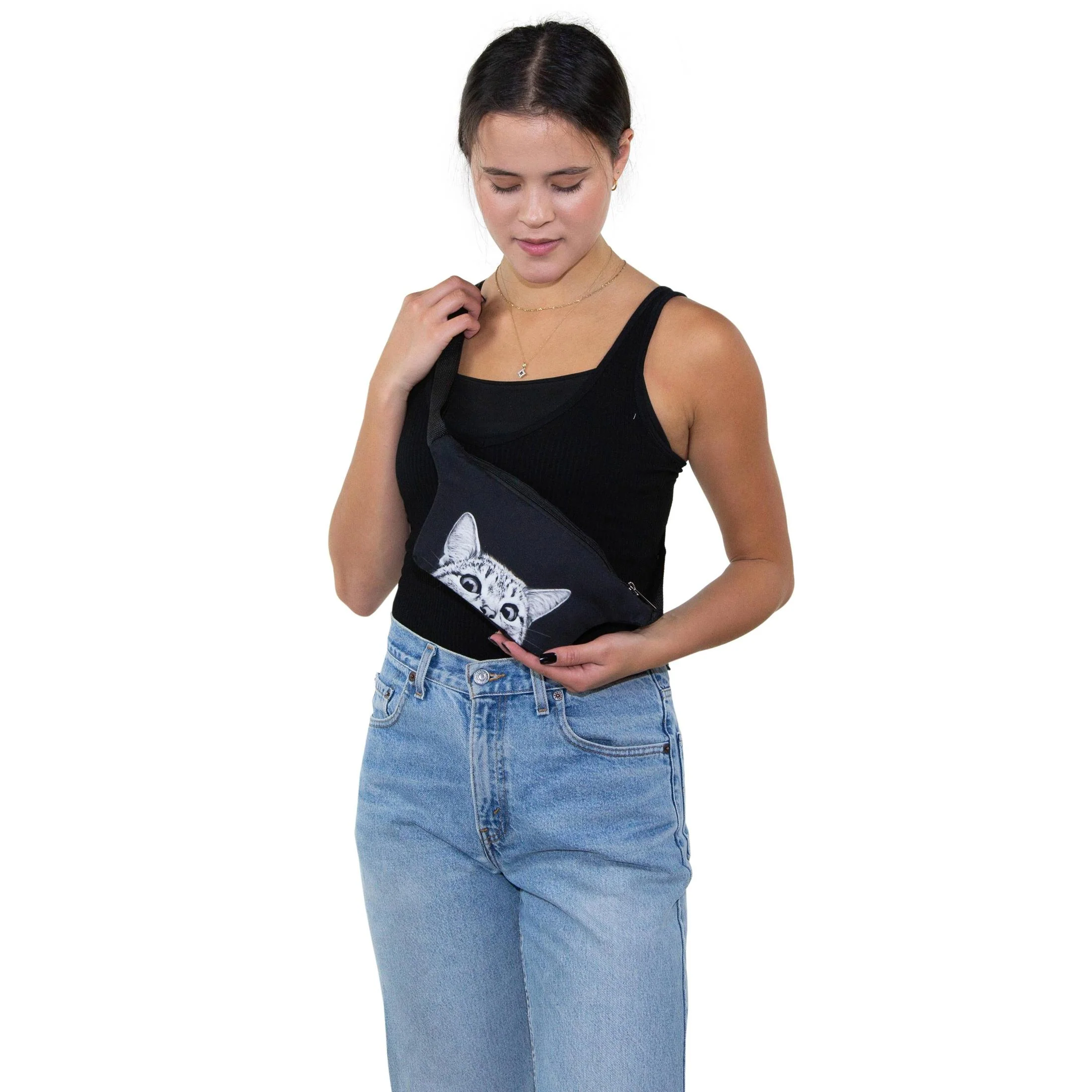 Peeking Cat Fanny Pack in Black | Animal Print Belt Waist Bum Bag - Image 7