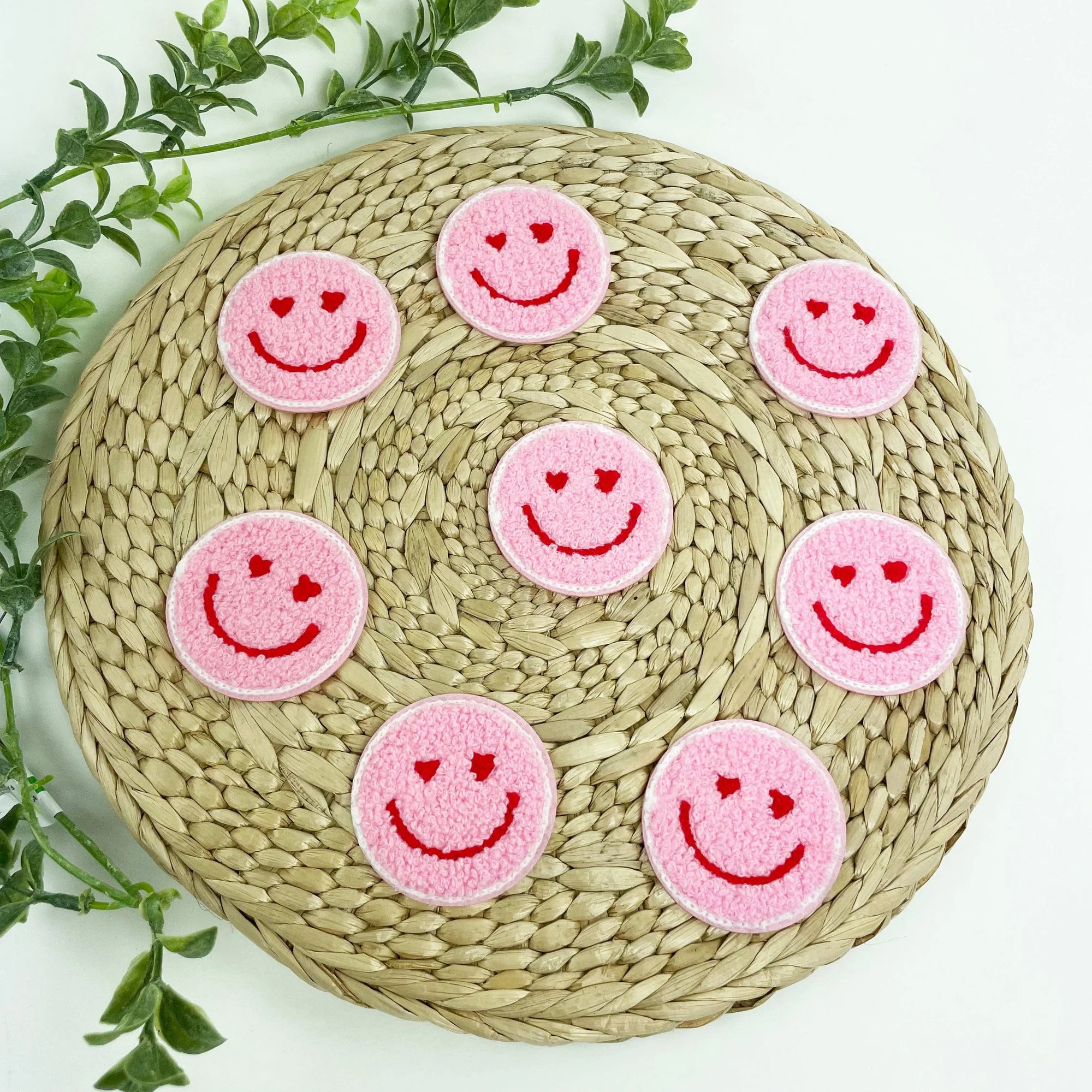 Pink Heart Eyes Smile Chenille Embroidered Iron-On Patches for Hats | Heat-seal Patches Accessories - Image 2