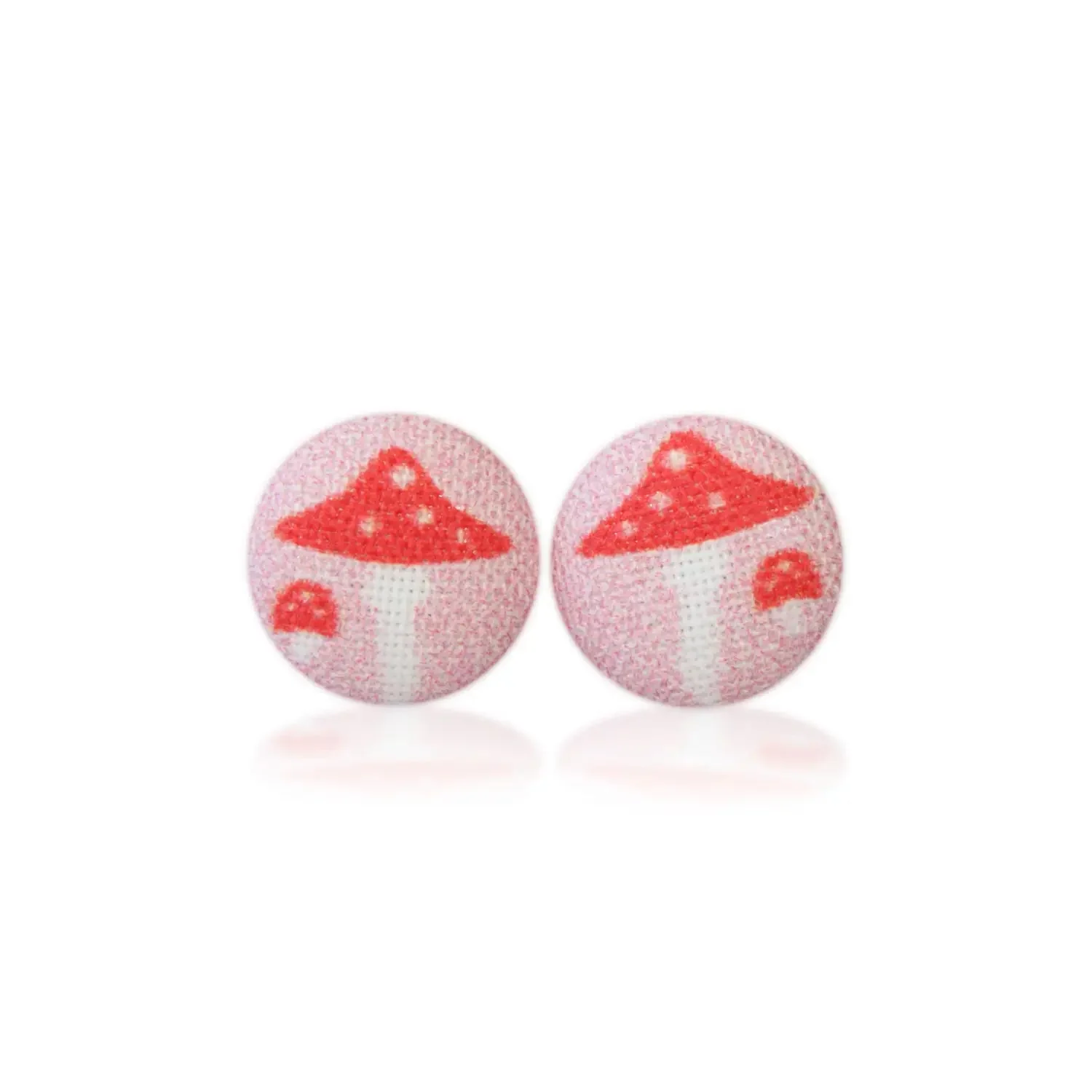 Pink Mushroom Fabric Button Earrings | Handmade in the US - Image 2