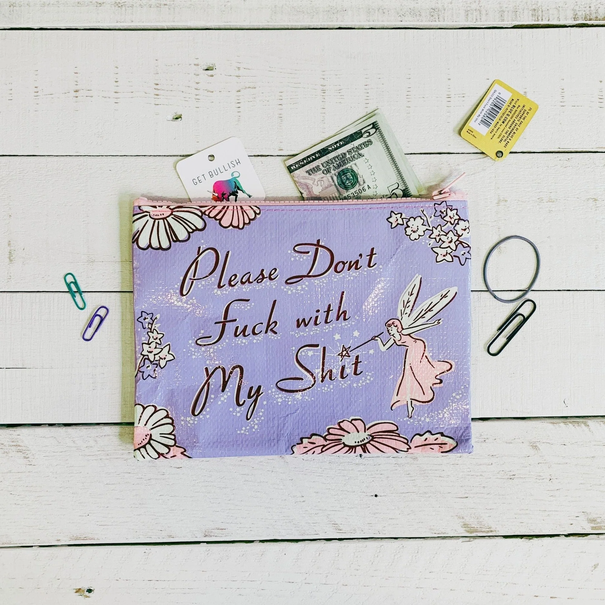 Please Don't Fuck With My Shit Pink Purple Recycled Material Zipper Pouch | BlueQ at GetBullish - Image 5