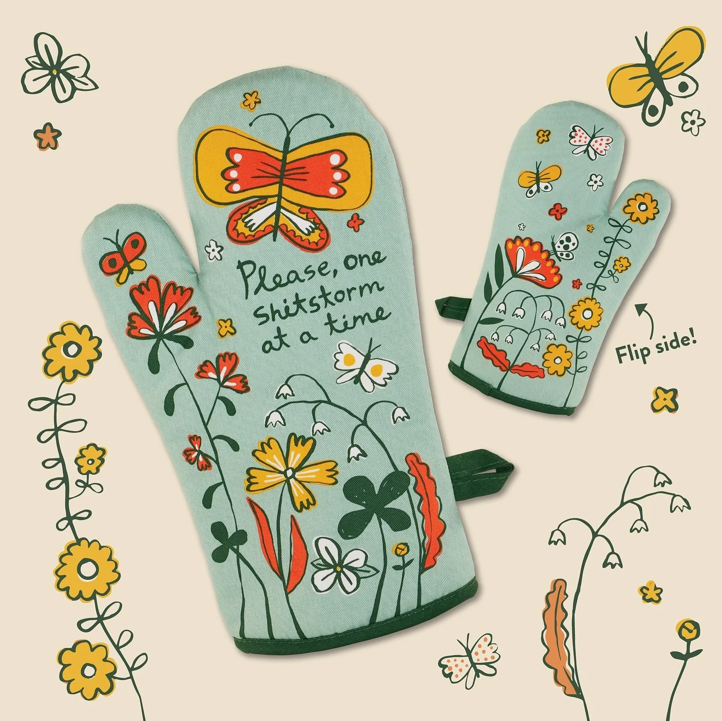 Please One Shitstorm At A Time Flowers and Butterflies Oven Mitt | Insulated Cotton Pot Holder | BlueQ at GetBullish - Image 3