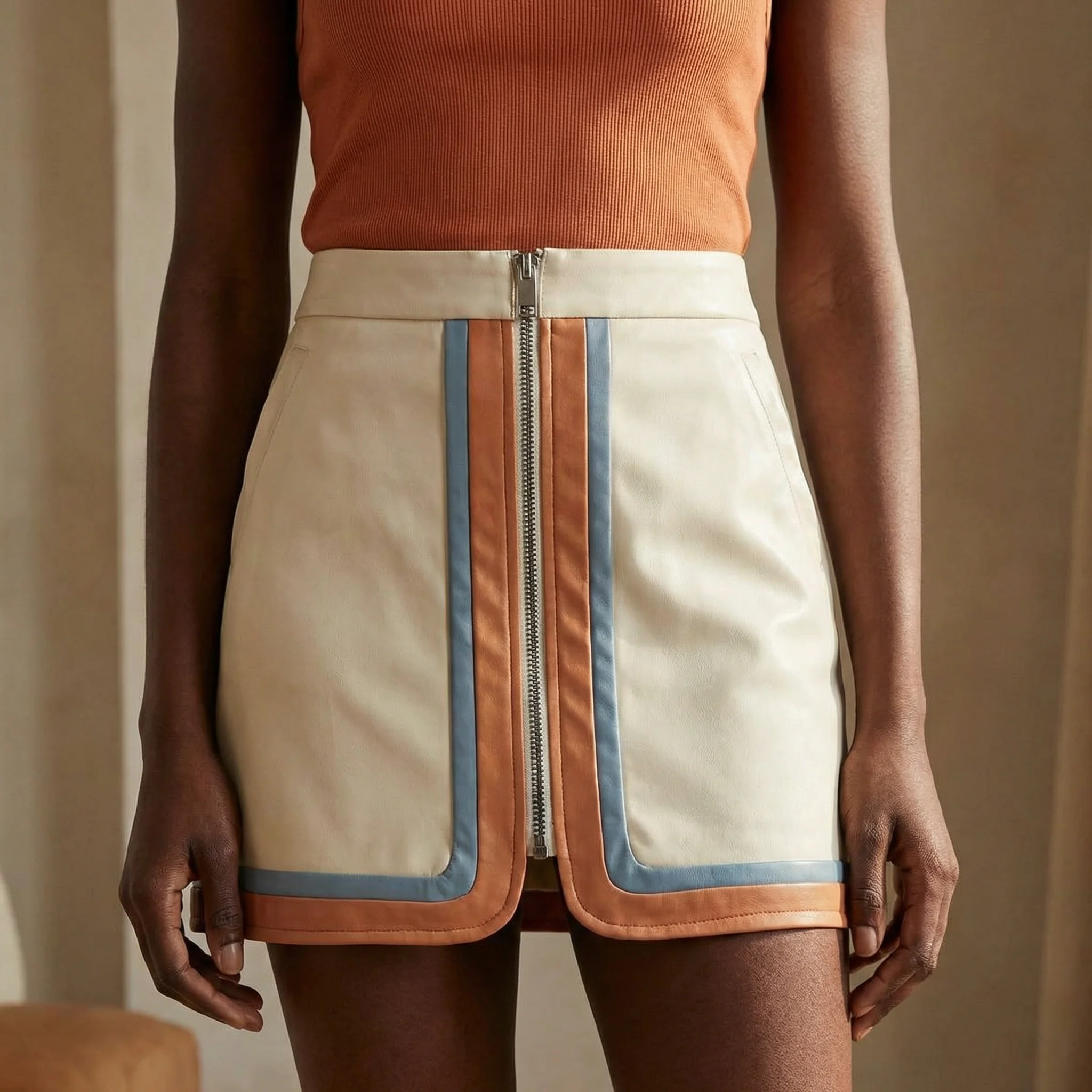 Pleather Retro Stripe Mini Skirt in Cream | Colorblock Zip Front Skirt with Pockets