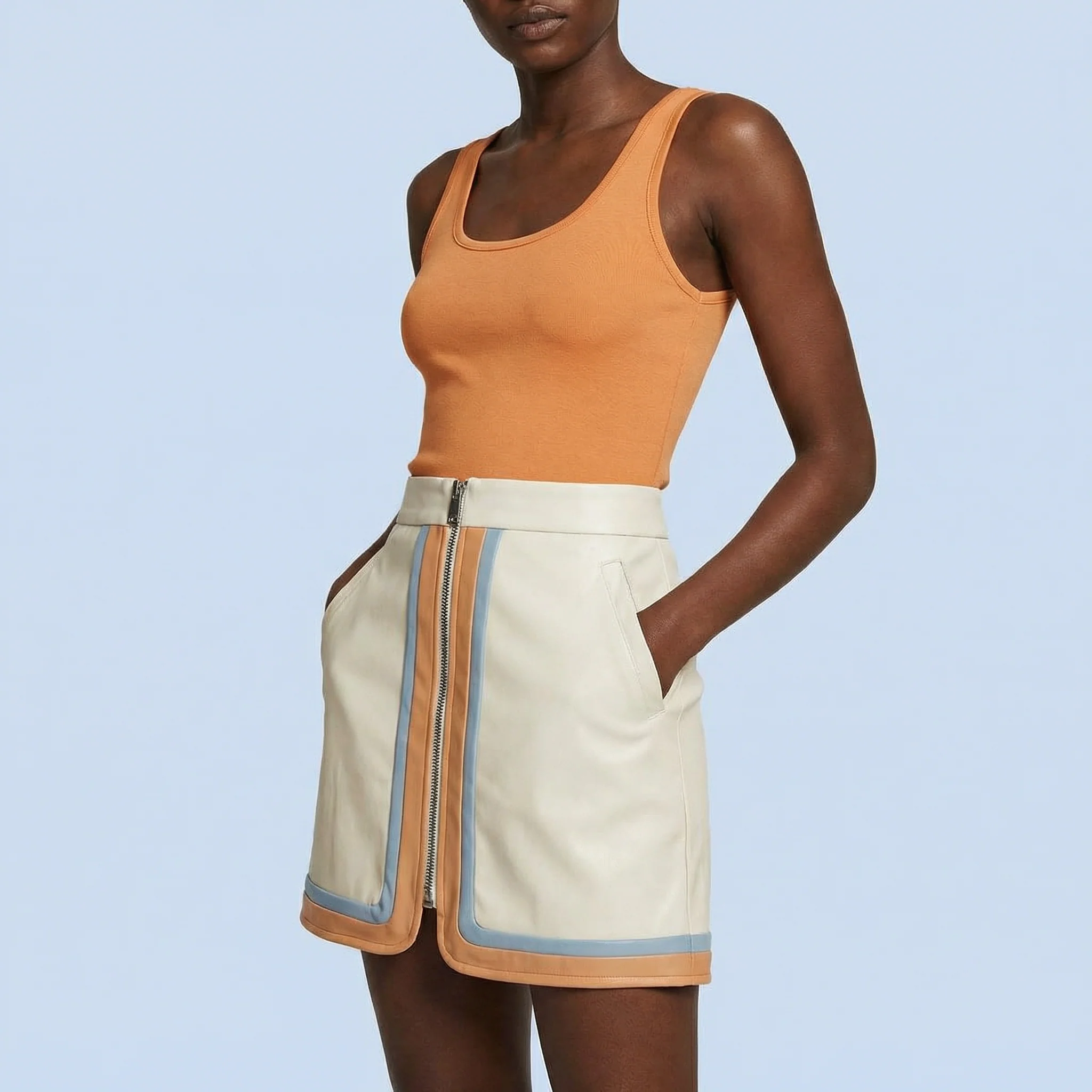Pleather Retro Stripe Mini Skirt in Cream | Colorblock Zip Front Skirt with Pockets - Image 10