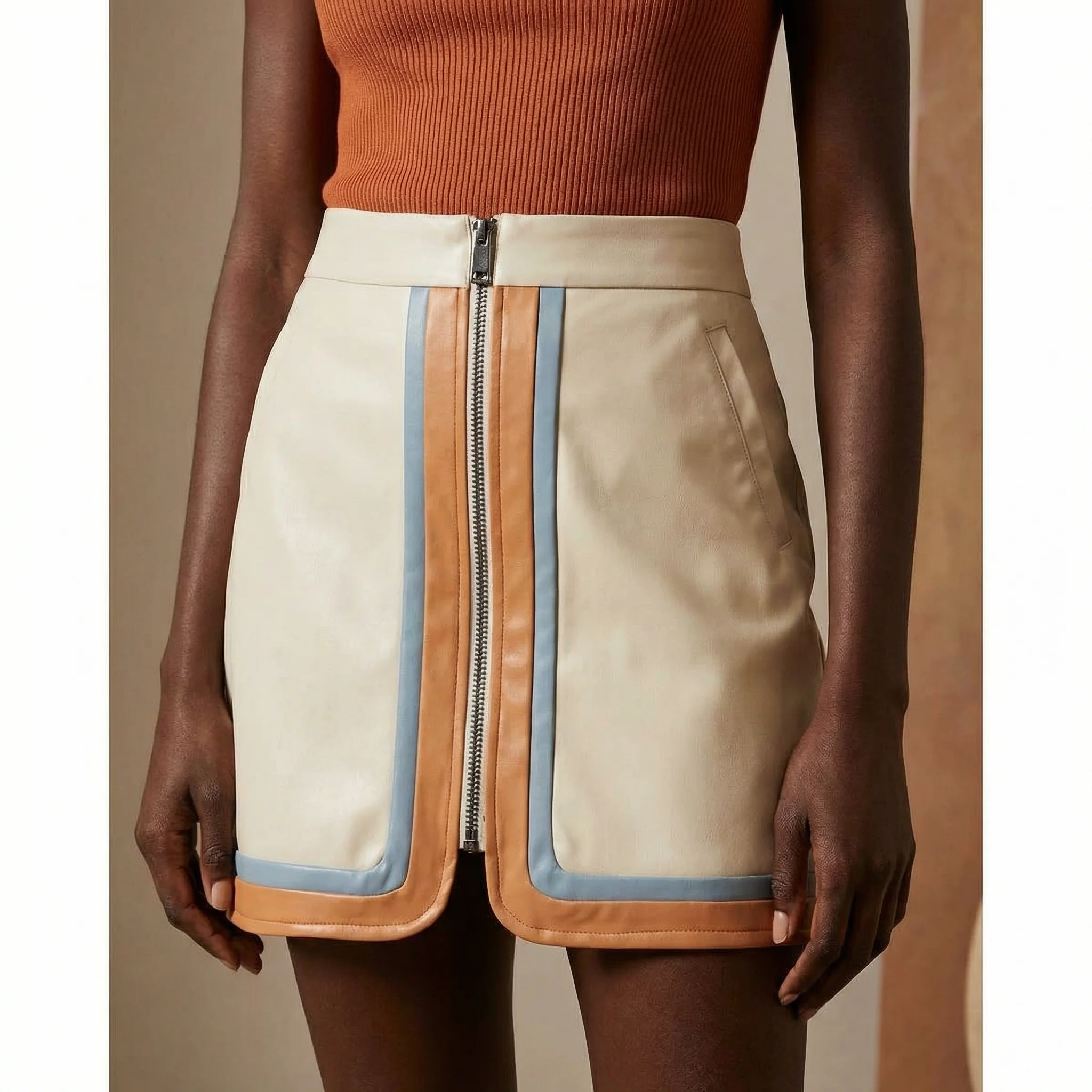 Pleather Retro Stripe Mini Skirt in Cream | Colorblock Zip Front Skirt with Pockets - Image 2