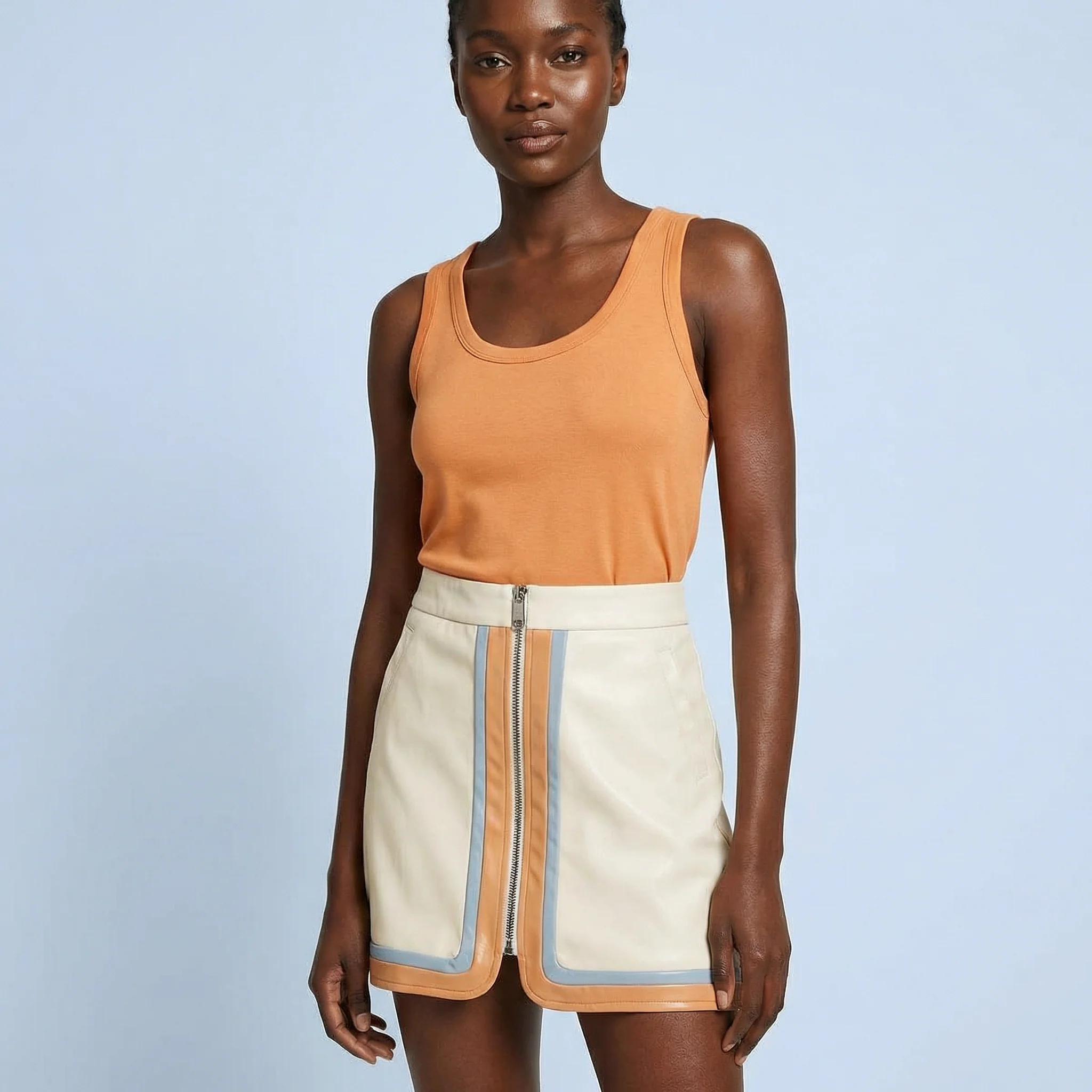 Pleather Retro Stripe Mini Skirt in Cream | Colorblock Zip Front Skirt with Pockets - Image 3