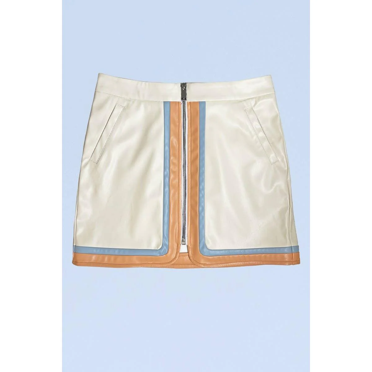 Pleather Retro Stripe Mini Skirt in Cream | Colorblock Zip Front Skirt with Pockets - Image 4