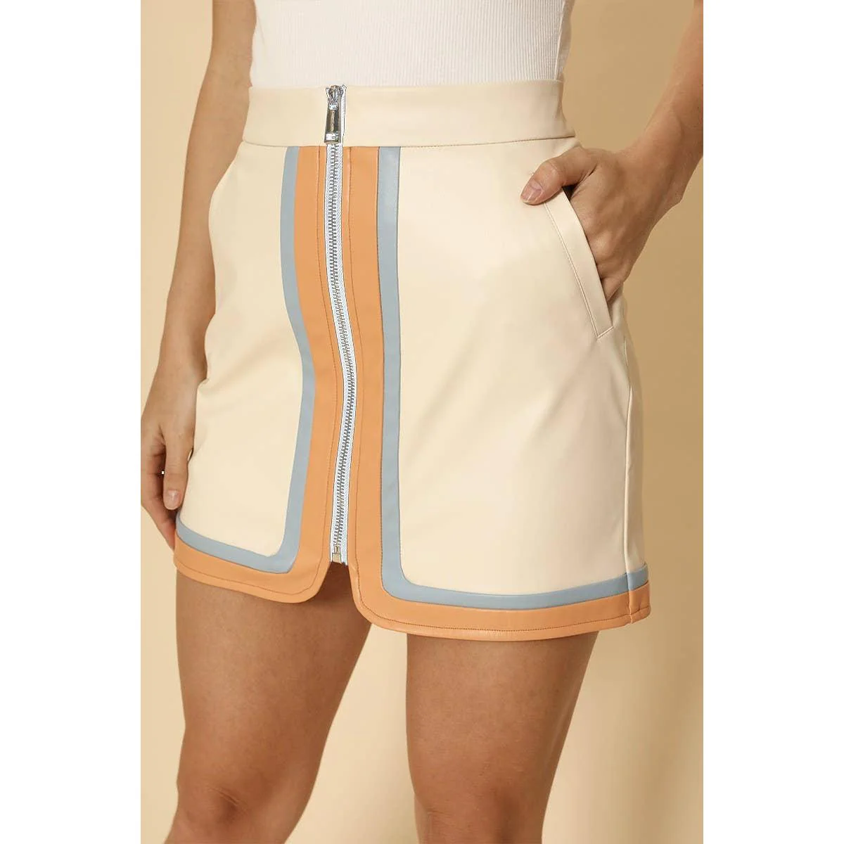Pleather Retro Stripe Mini Skirt in Cream | Colorblock Zip Front Skirt with Pockets - Image 6