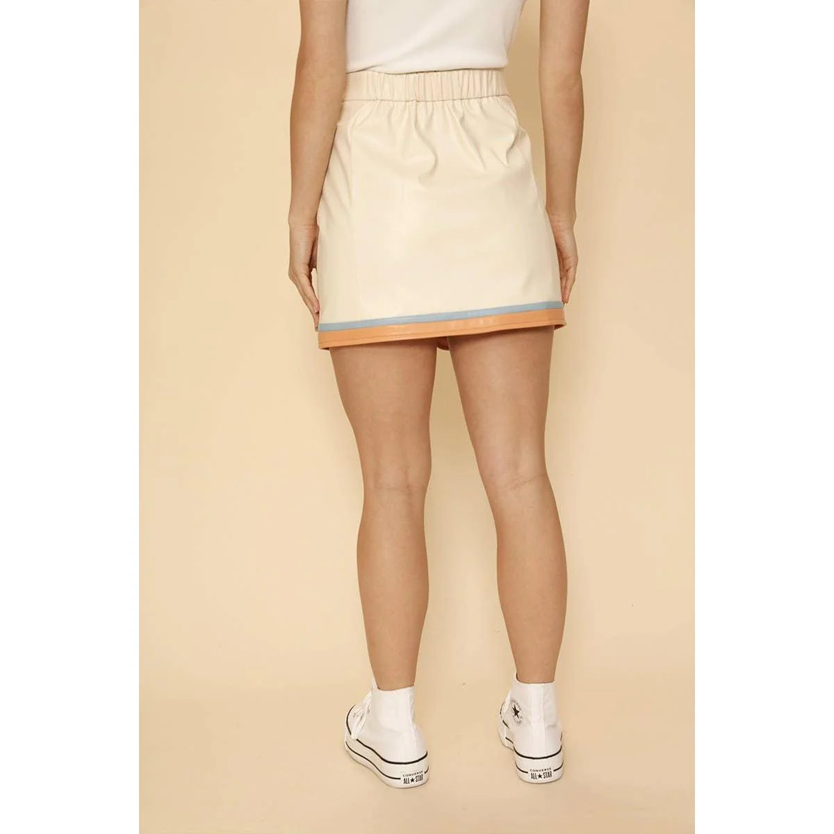 Pleather Retro Stripe Mini Skirt in Cream | Colorblock Zip Front Skirt with Pockets - Image 7