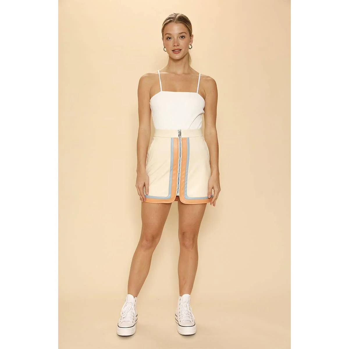 Pleather Retro Stripe Mini Skirt in Cream | Colorblock Zip Front Skirt with Pockets - Image 8