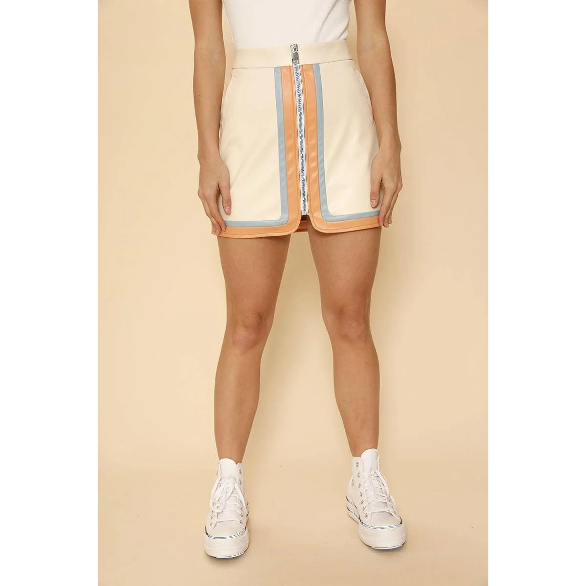 Pleather Retro Stripe Mini Skirt in Cream | Colorblock Zip Front Skirt with Pockets - Image 9
