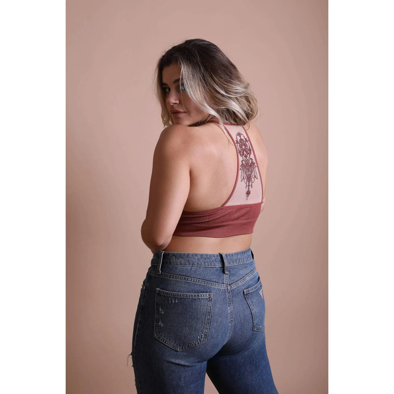 Tattoo Mesh Racerback Bralette Sizes Through 3X | Black & Rust - Image 2