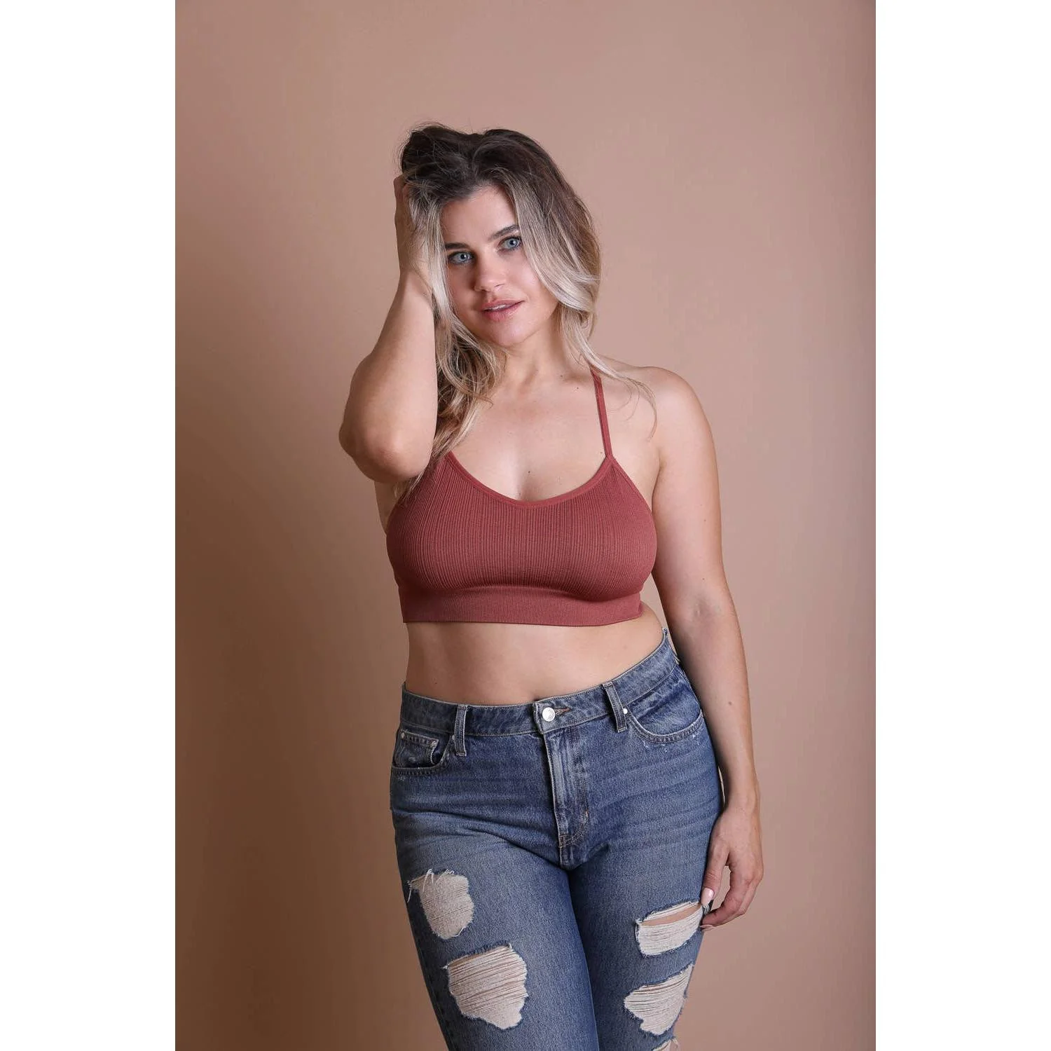 Tattoo Mesh Racerback Bralette Sizes Through 3X | Black & Rust - Image 5