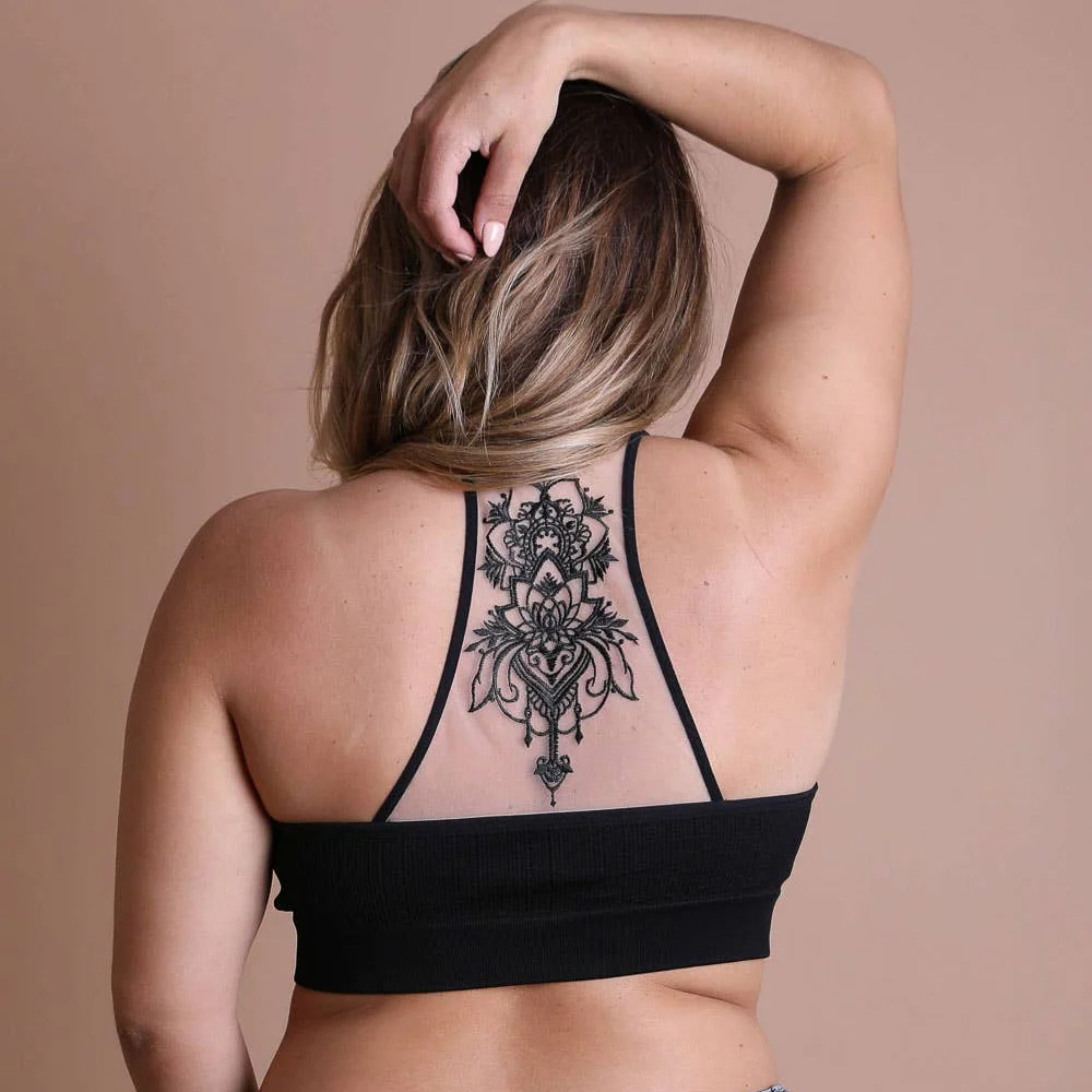 Tattoo Mesh Racerback Bralette Sizes Through 3X | Black & Rust - Image 6
