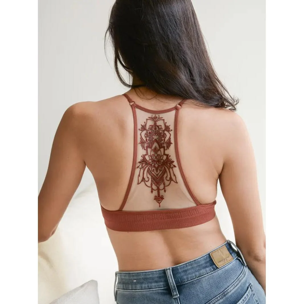 Tattoo Mesh Racerback Bralette Sizes Through 3X | Black & Rust - Image 9