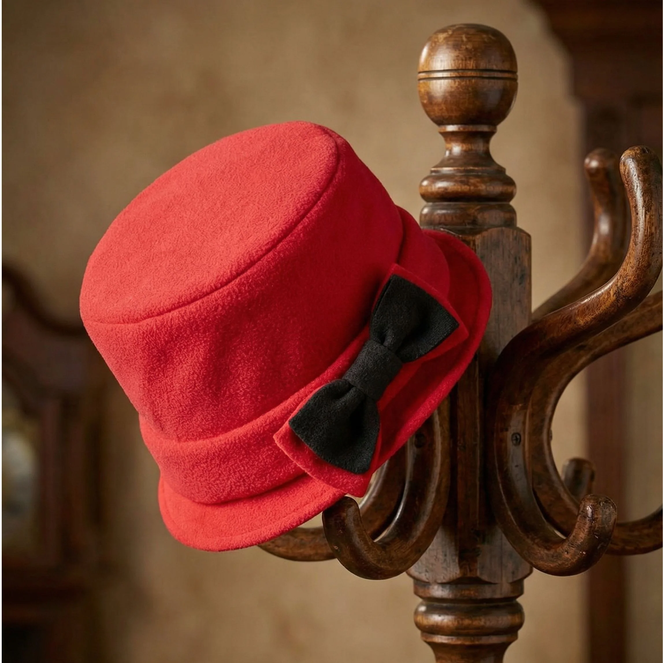 Women’s Polar Fleece Retro Pinup Bucket Hat with Bow | Winter Hat in Grey or Red - Image 4