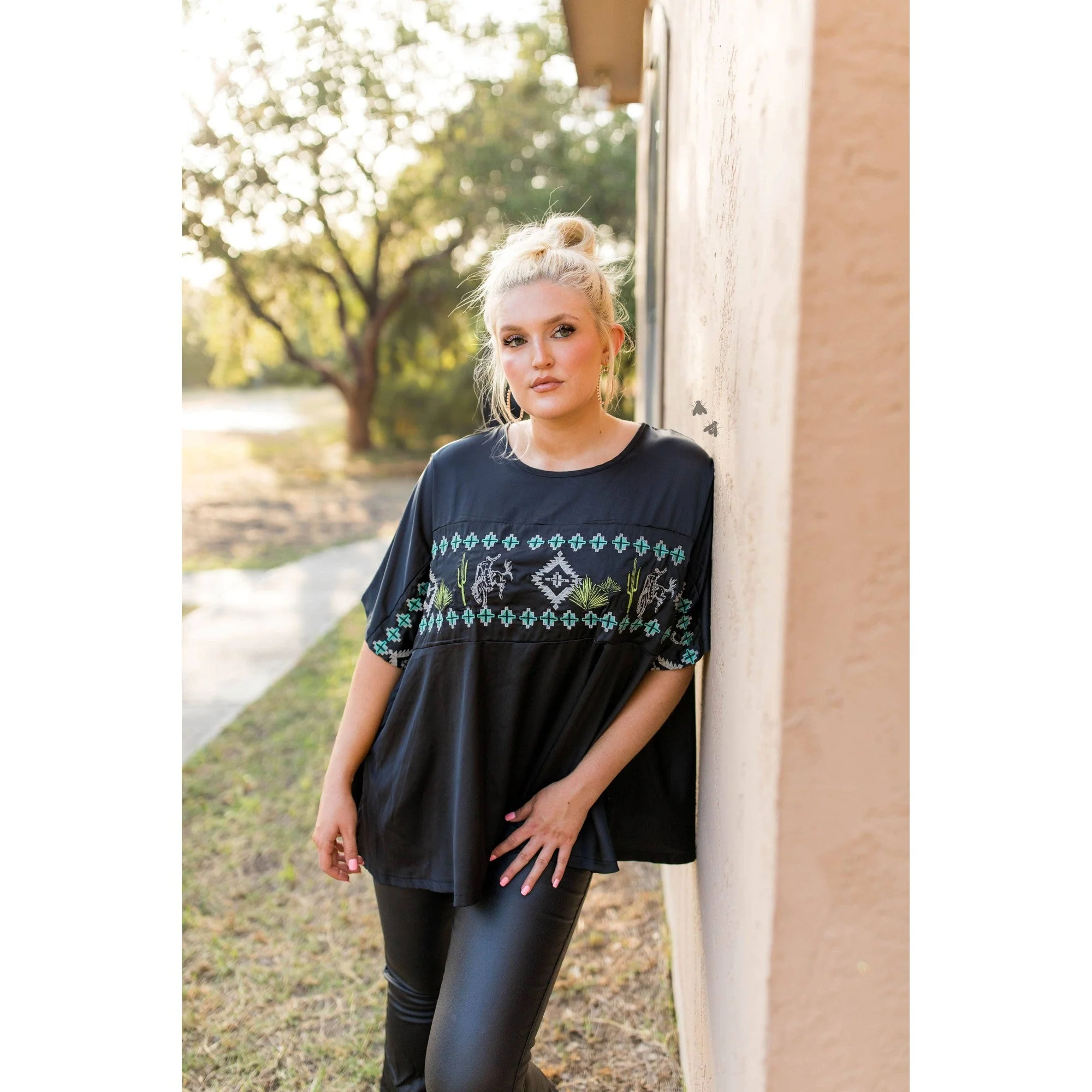 Embroidered Western Motif Poncho Style Satin Look Top "High End Bucks" - Image 5