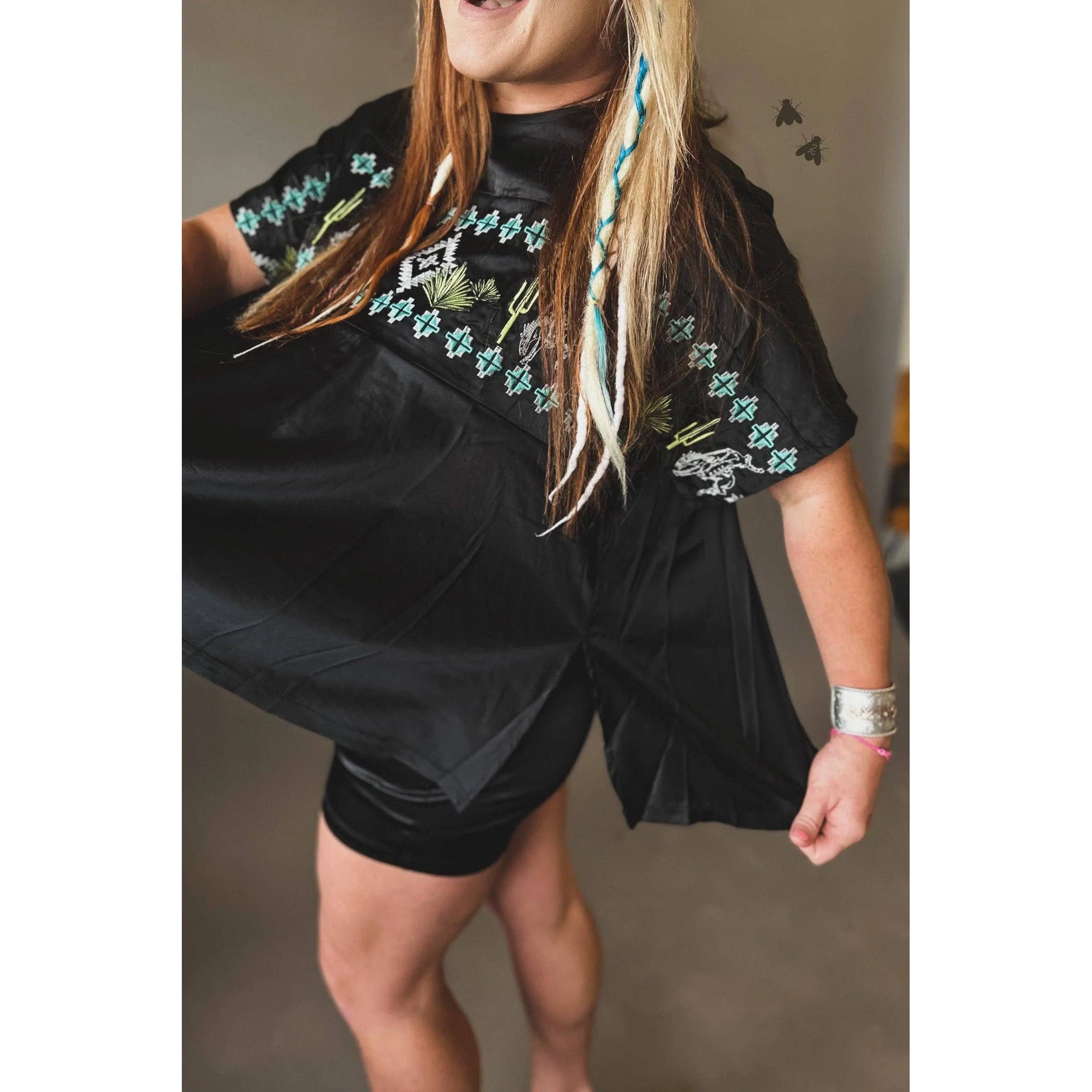 Embroidered Western Motif Poncho Style Satin Look Top "High End Bucks" - Image 6