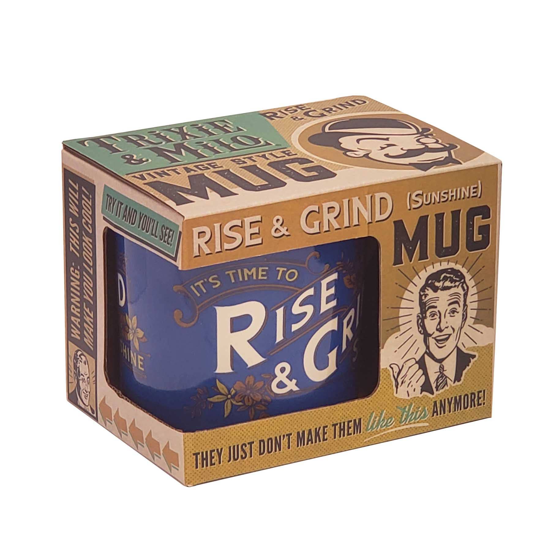 Rise & Grind Porcelain Mug Vintage Style | Wrap-around Design Ceramic Coffee Tea Cup | 12oz - Image 2