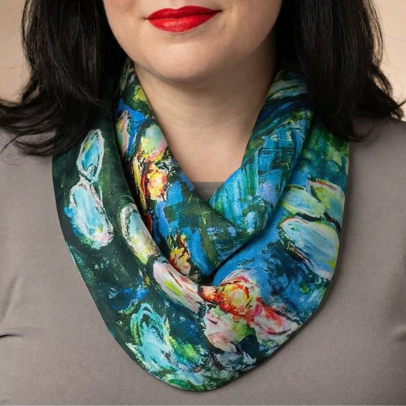Claude Monet Water Lilies Pre-Tied Necklace Style Scarf with Magnetic Closure - Image 2
