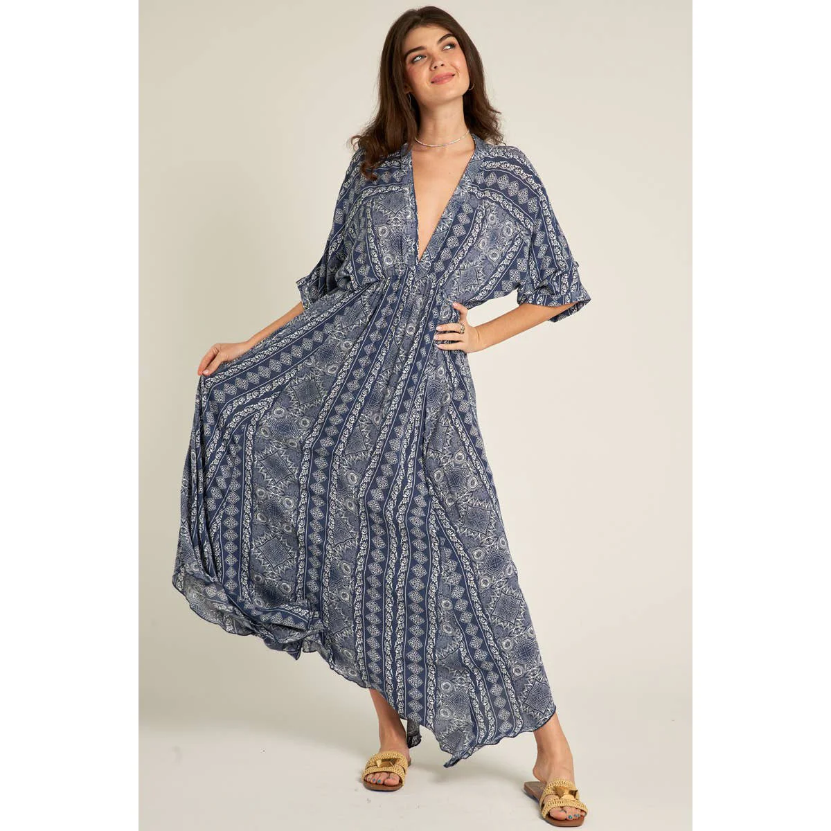 Printed Stripe Kimono Sleeve Maxi Dress [Available in Small and Large Only] - Image 3