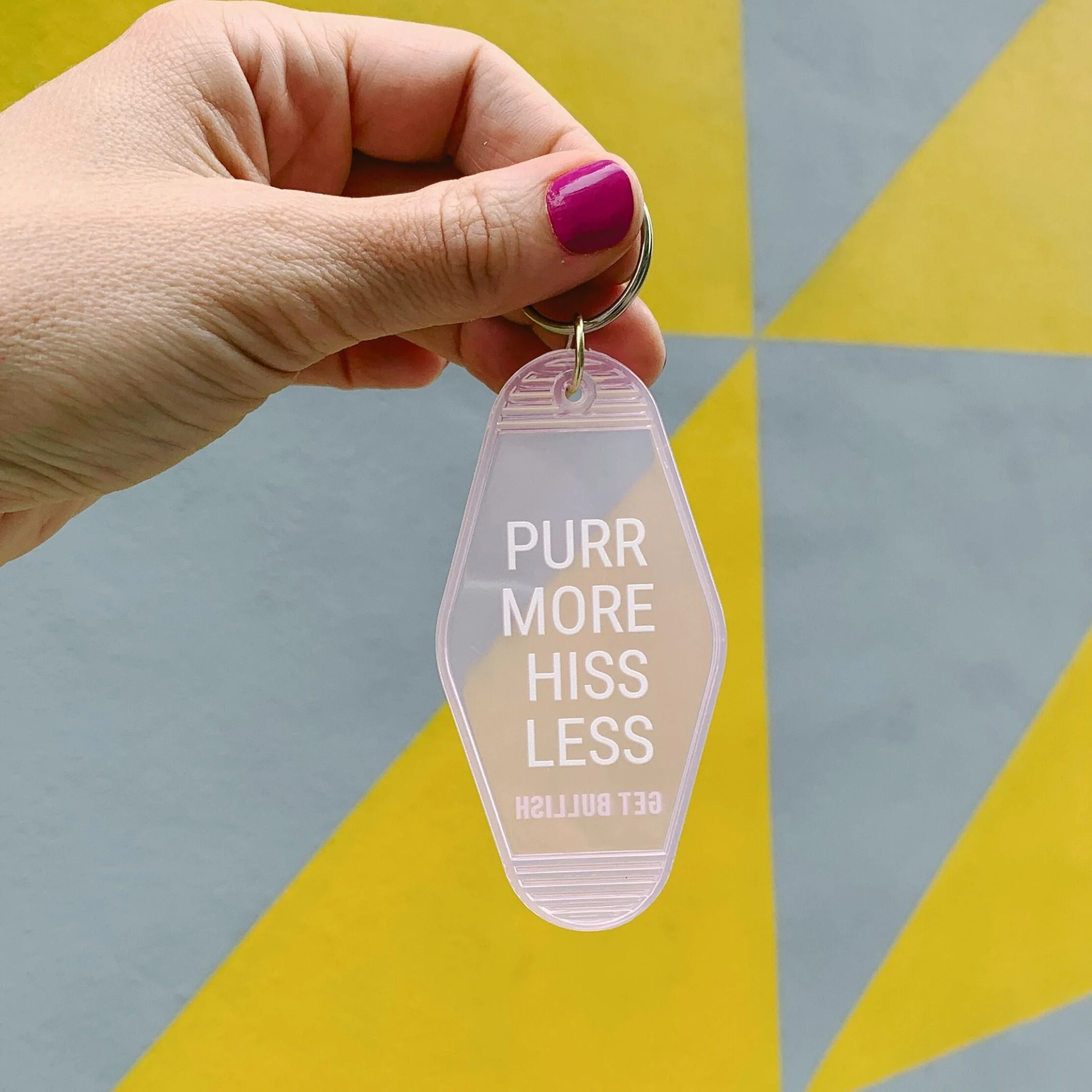 Purr More Hiss Less Motel Style Keychain in Pink Translucent - Image 3