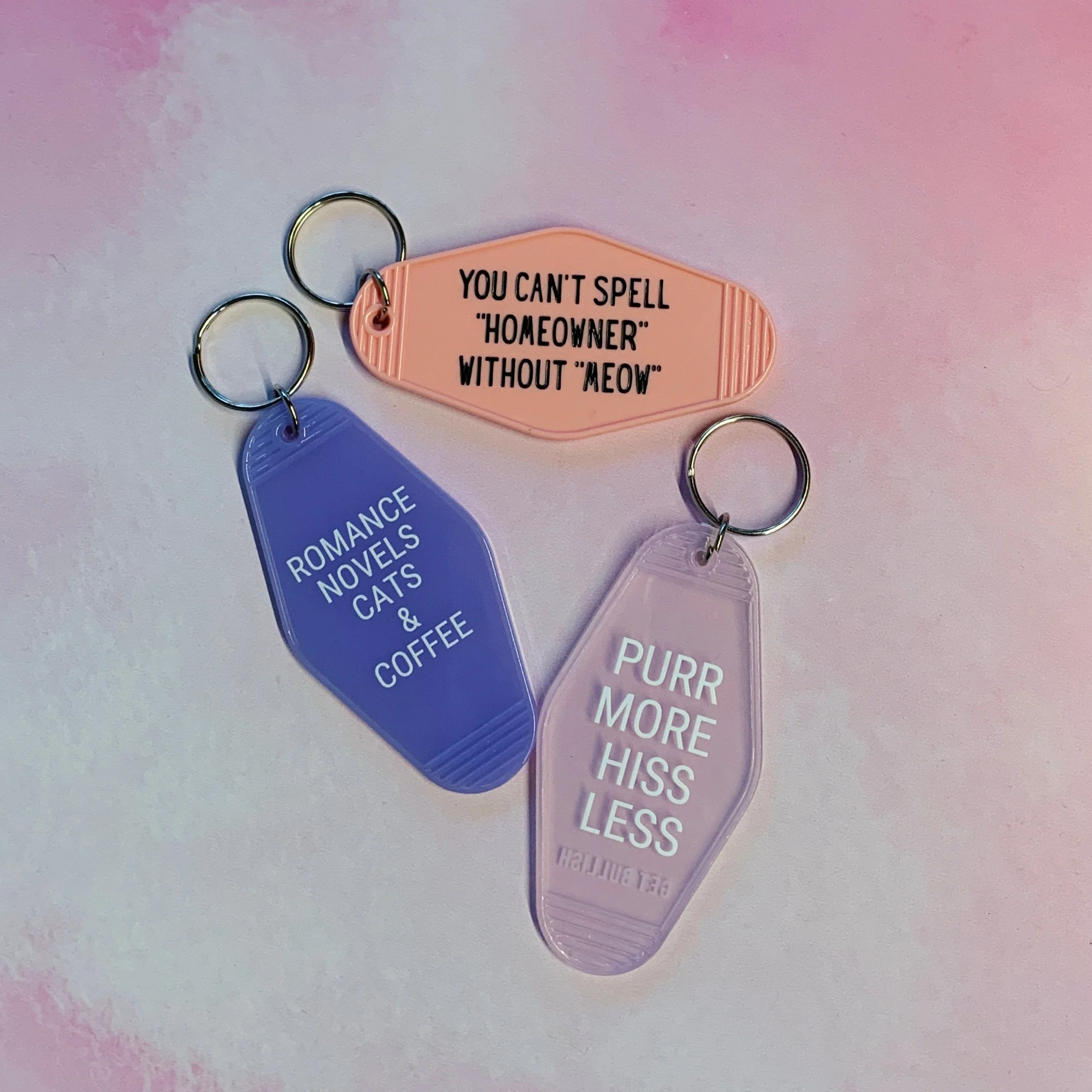 Purr More Hiss Less Motel Style Keychain in Pink Translucent - Image 6