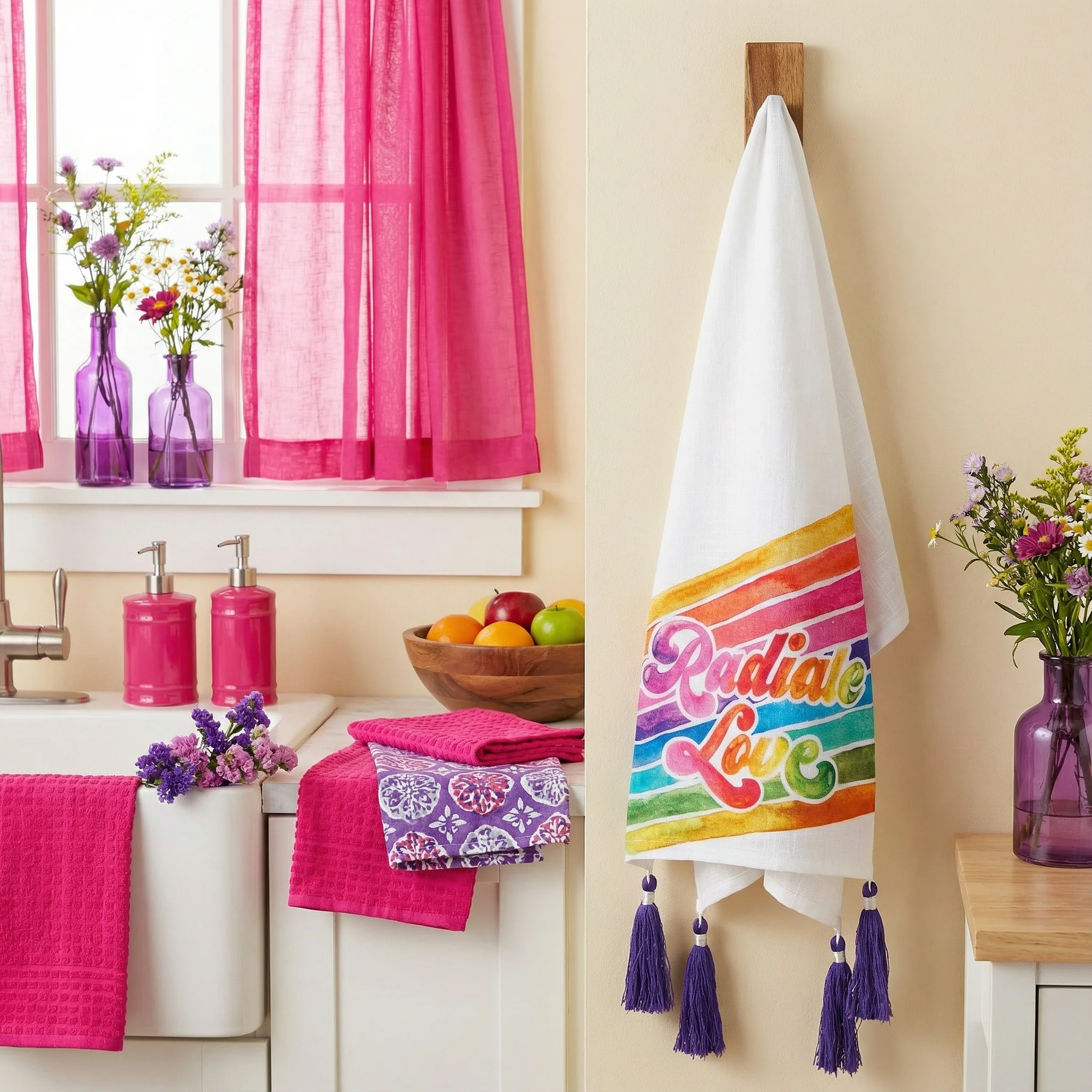 Radiate Love Rainbow Dish Cloth Towel | '70s-'80s Retro Design with Tassels - Image 3