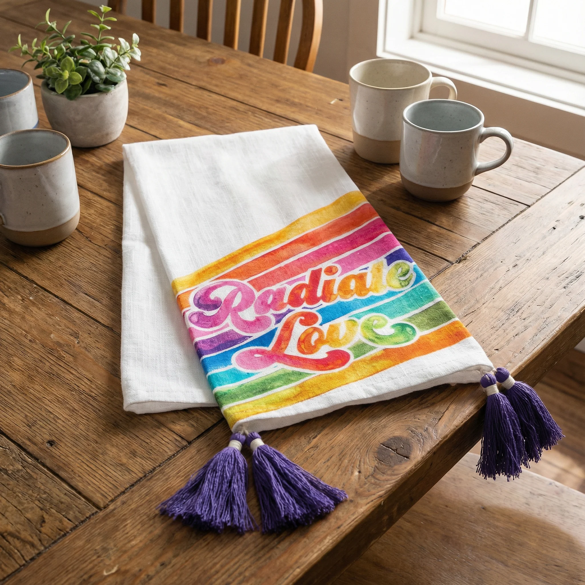 Radiate Love Rainbow Dish Cloth Towel | '70s-'80s Retro Design with Tassels - Image 5