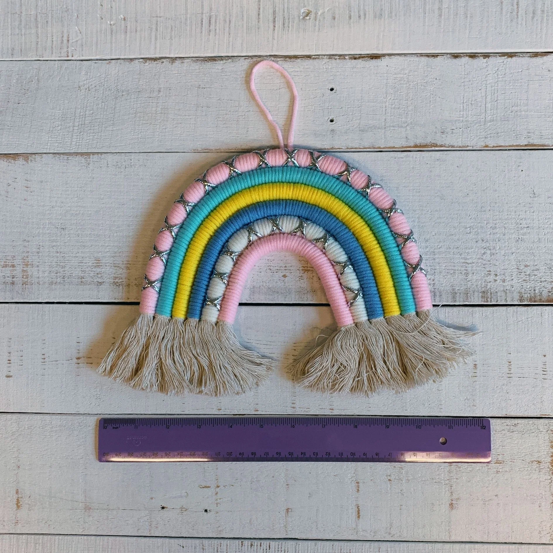 Macrame Wall Hanging Pastel Rainbow Decor 11" x 10" - Image 4