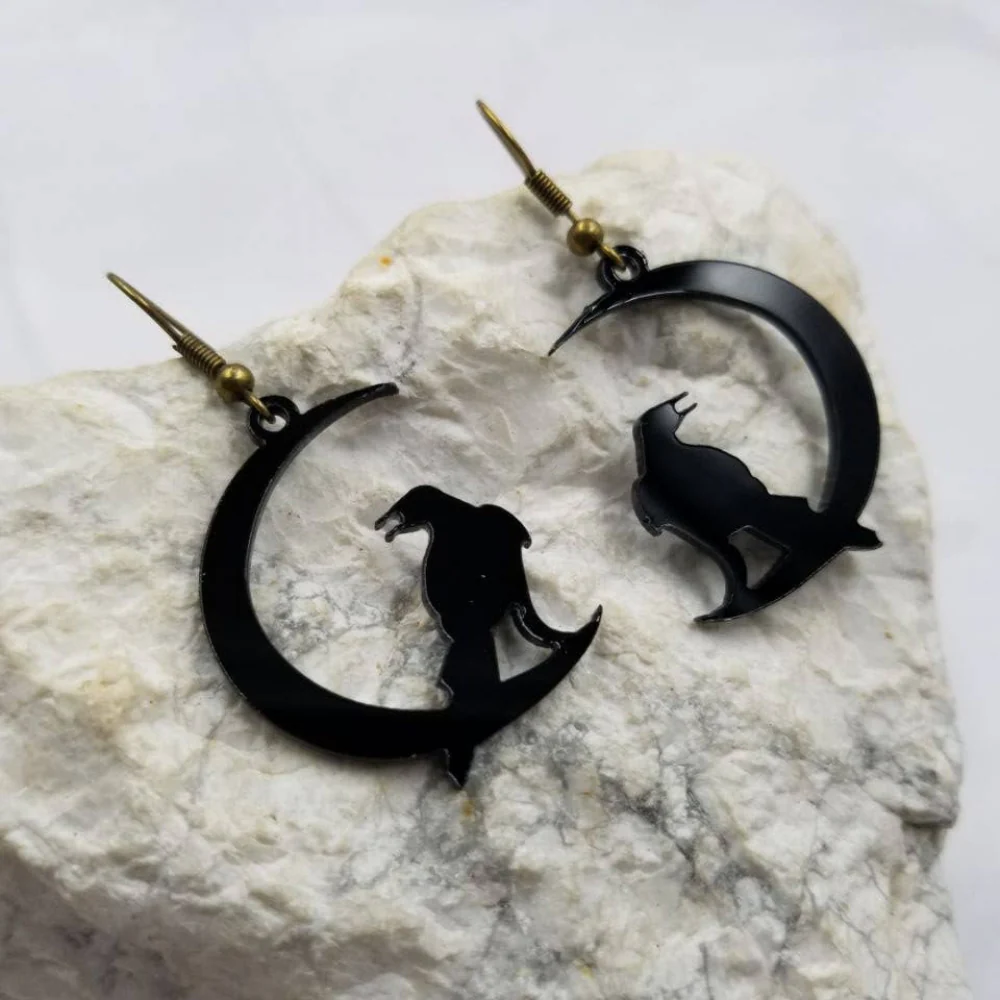 Raven On Black Moon Earrings | Gothic Dark Moon Dangle Earrings - Image 4