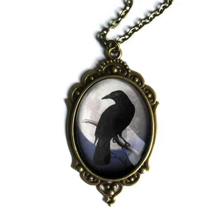 Raven On Full Moon Ornate Oval Pendant Necklace | Handmade in the US - Image 2