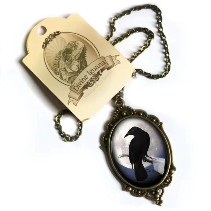 Raven On Full Moon Ornate Oval Pendant Necklace | Handmade in the US - Image 3
