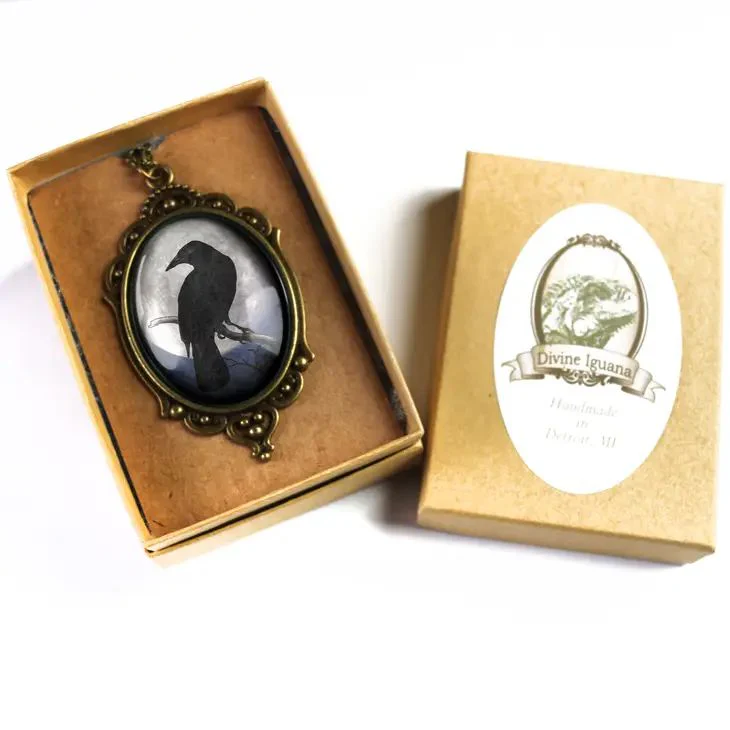 Raven On Full Moon Ornate Oval Pendant Necklace | Handmade in the US - Image 4