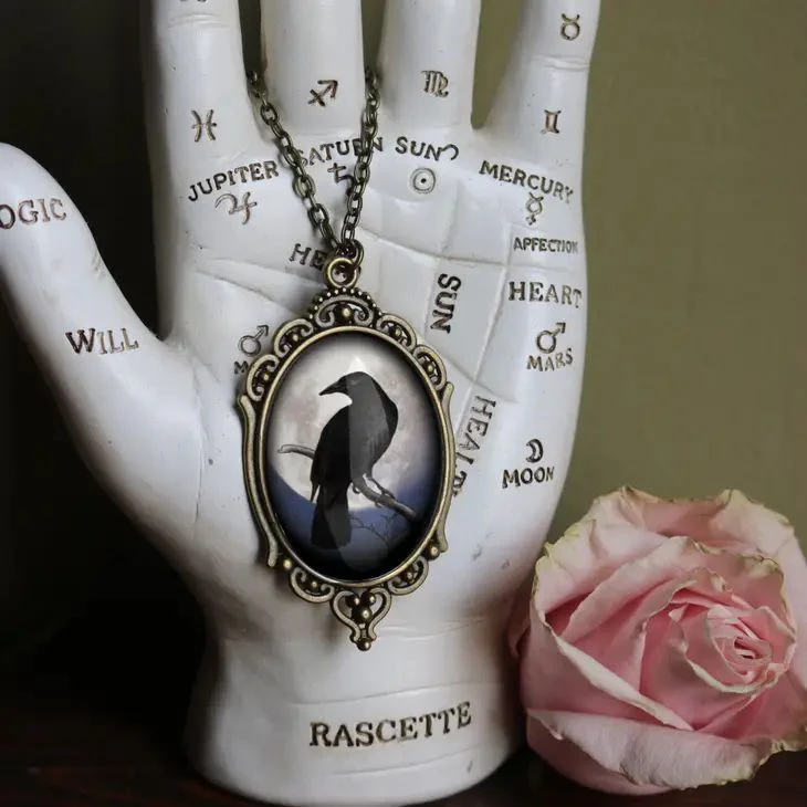 Raven On Full Moon Ornate Oval Pendant Necklace | Handmade in the US - Image 5
