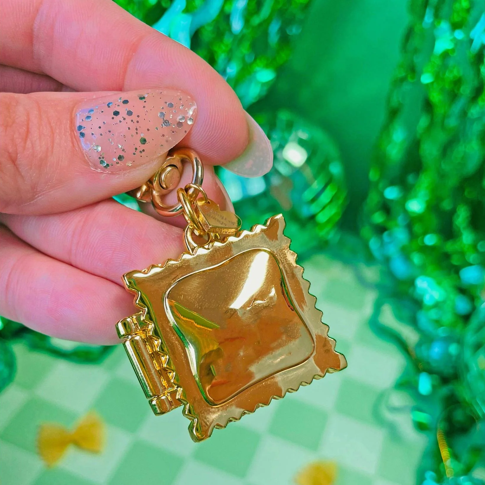 Ravioli Locket Keychain | Tiny Pasta Key Holder in Gold Plated - Image 4