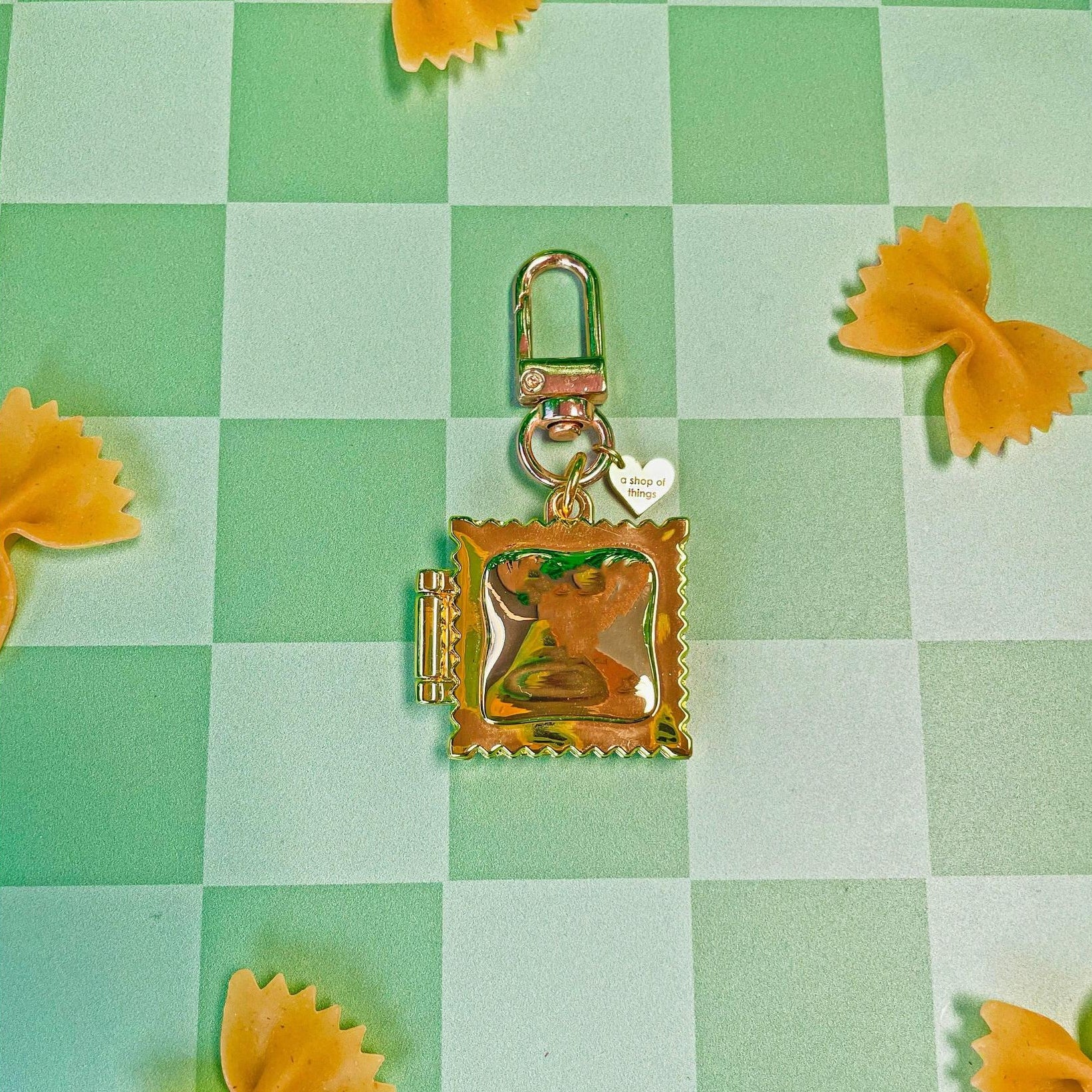 Ravioli Locket Keychain | Tiny Pasta Key Holder in Gold Plated - Image 5