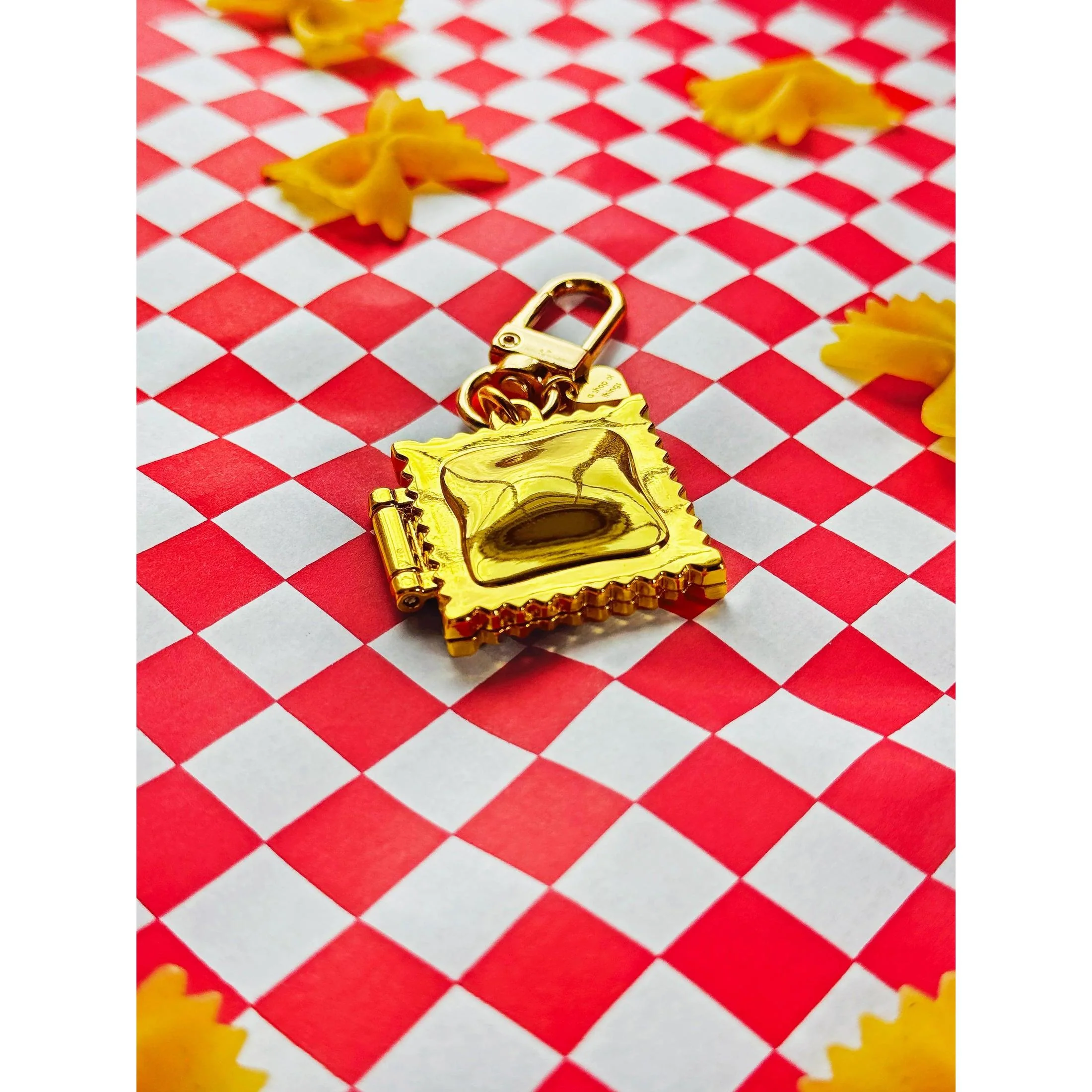 Ravioli Locket Keychain | Tiny Pasta Key Holder in Gold Plated - Image 9