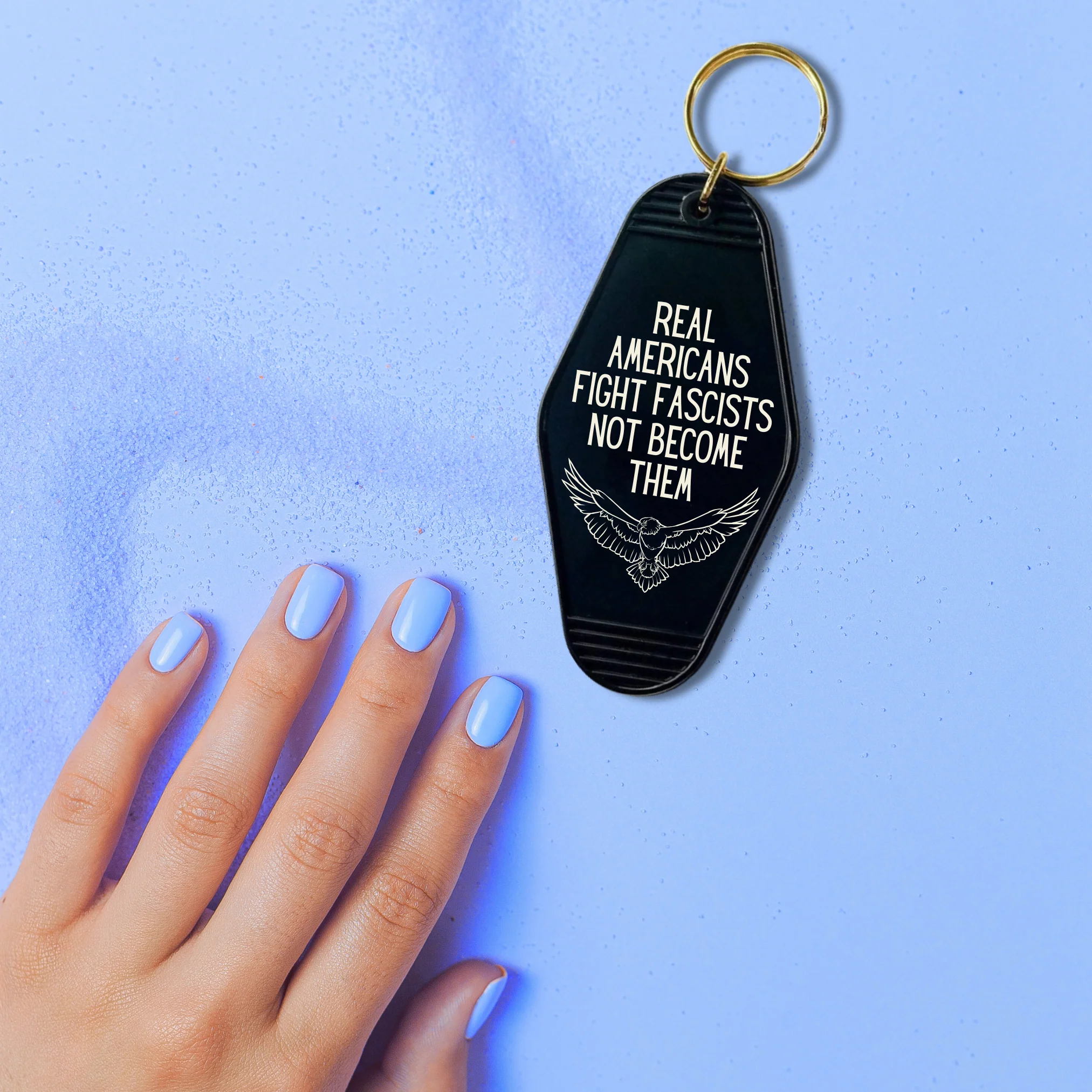 Real Americans Fight Fascists Not Become Them Motel Style Keychain in Black - Image 2