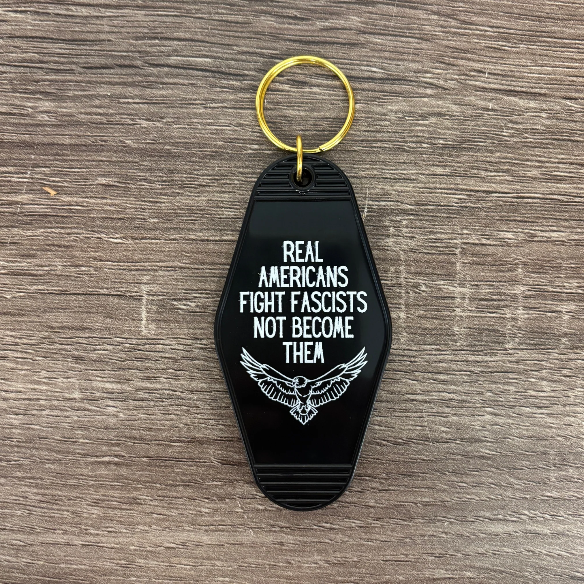 Real Americans Fight Fascists Not Become Them Motel Style Keychain in Black - Image 5