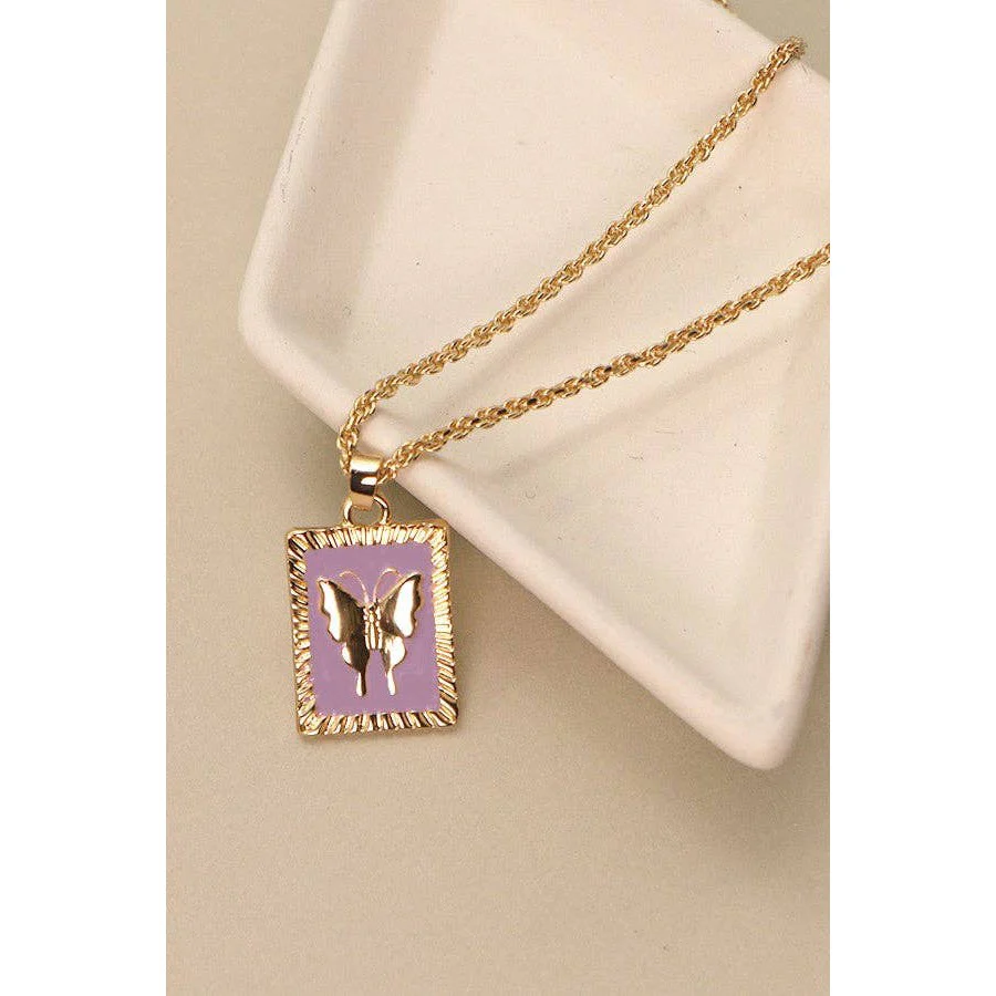 Rectangle Butterfly Epoxy Pendant Necklace | Gold Tone Chain Fashion Jewelry - Image 2