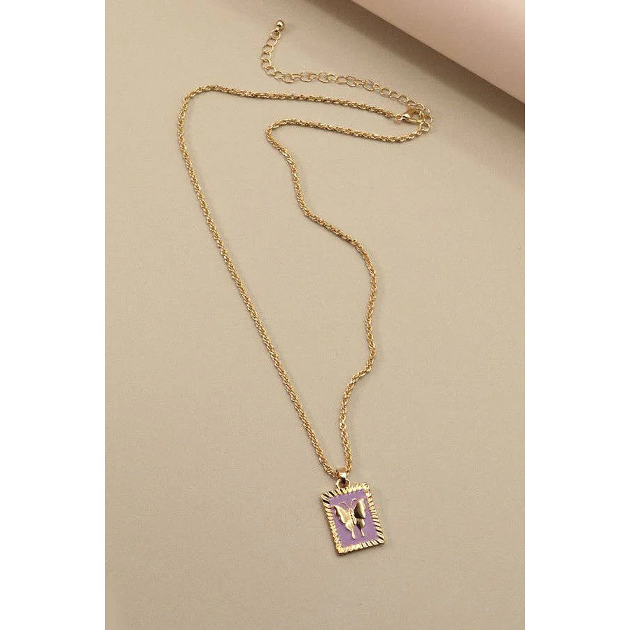 Rectangle Butterfly Epoxy Pendant Necklace | Gold Tone Chain Fashion Jewelry - Image 3