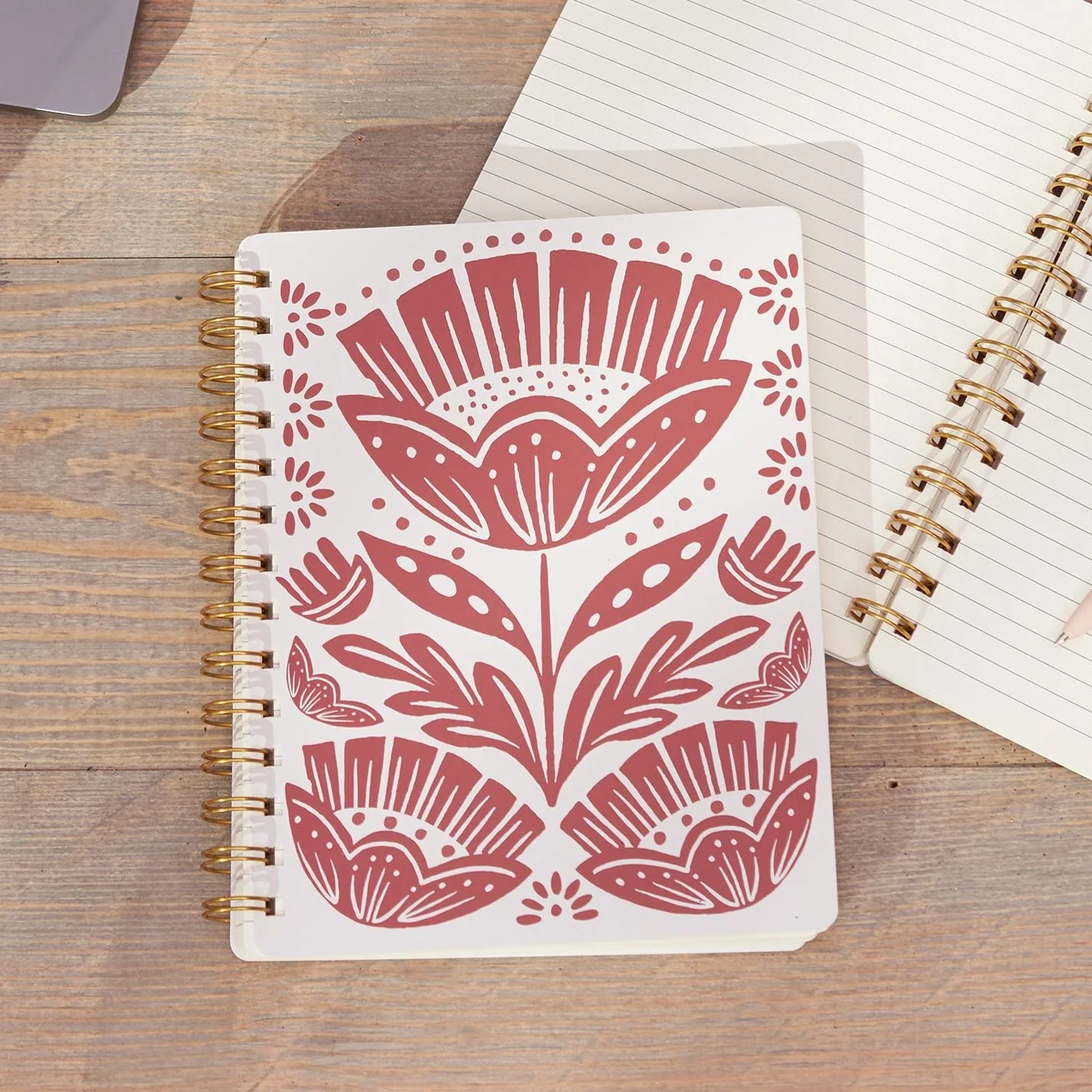 Red Folk Floral Spiral Notebook | Double-Sided  Journal | 120 Lined Pages