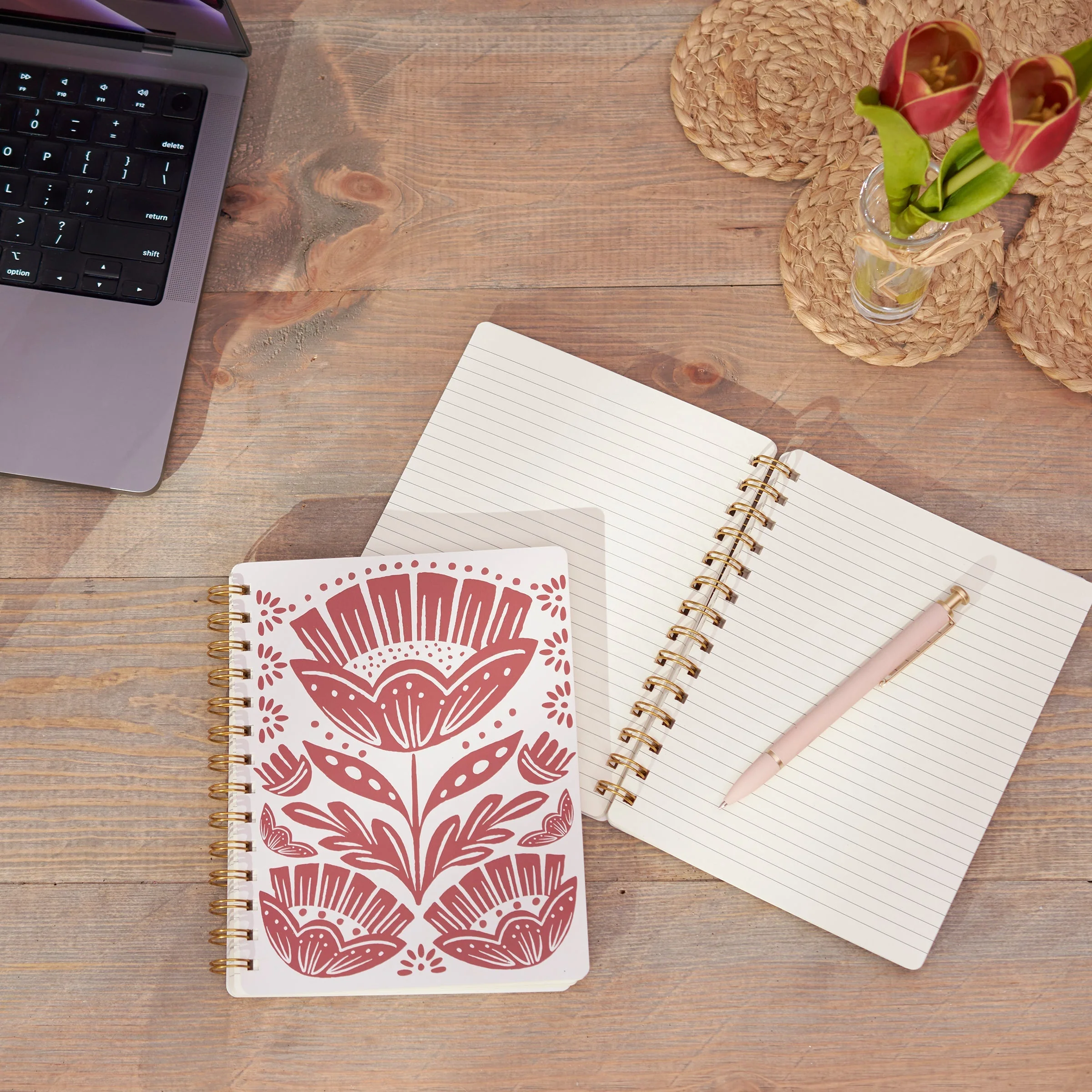 Red Folk Floral Spiral Notebook | Double-Sided  Journal | 120 Lined Pages - Image 3